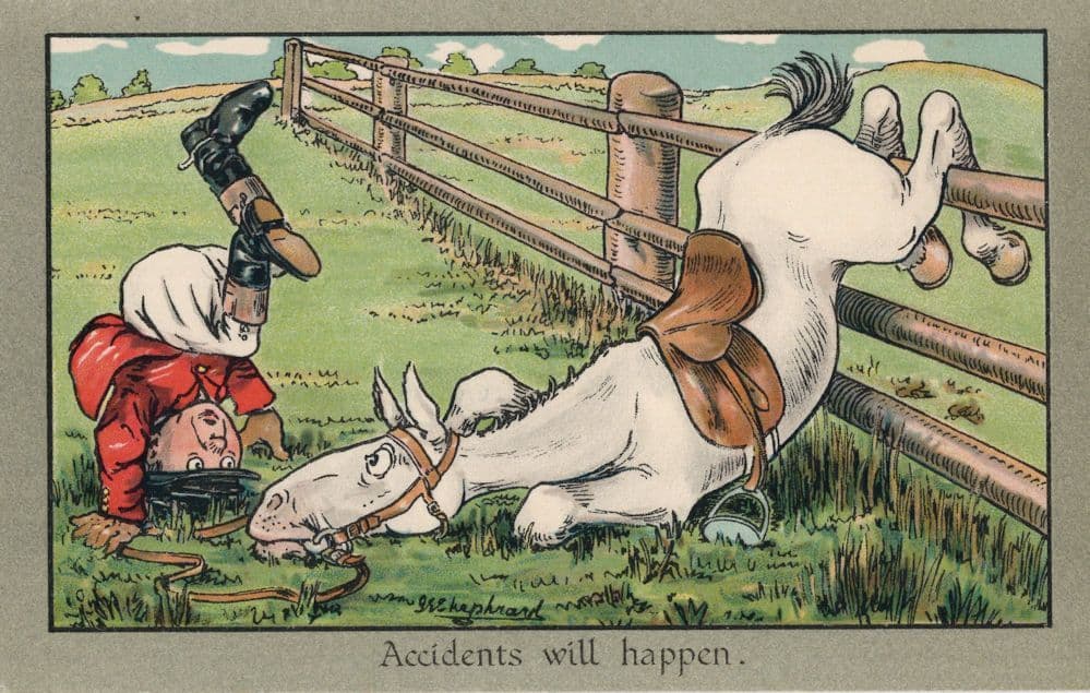 Jockey Horse Race Racing Jump Accident Old Disaster Comic Postcard