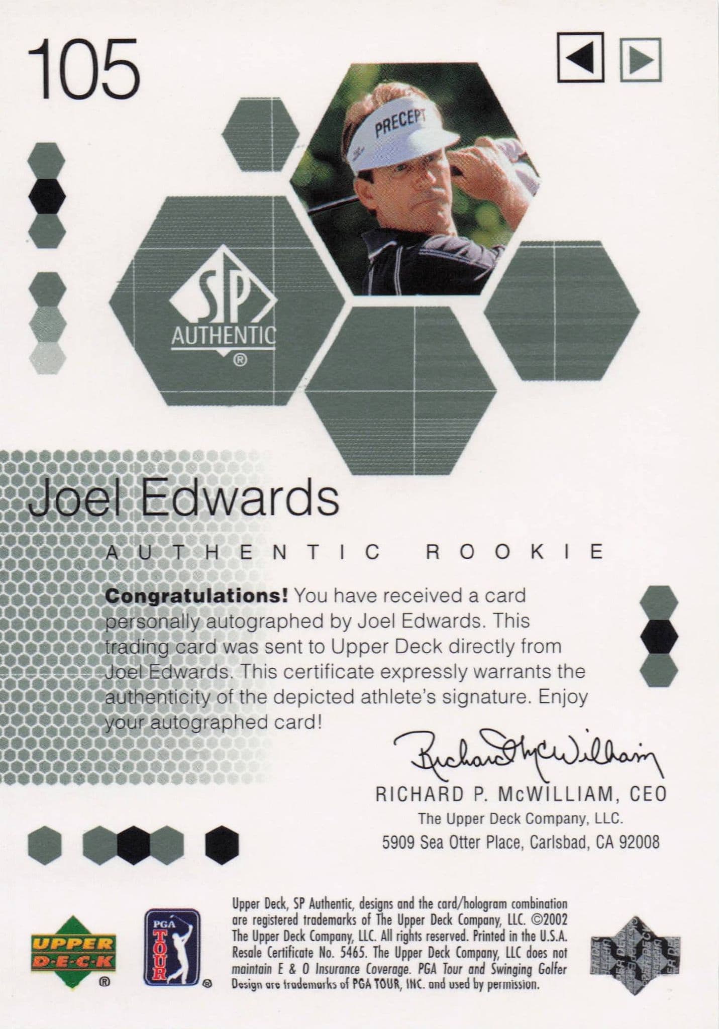 Joel Edwards Authentic Rookie 2002 Golf SP Hand Signed Autograph Card