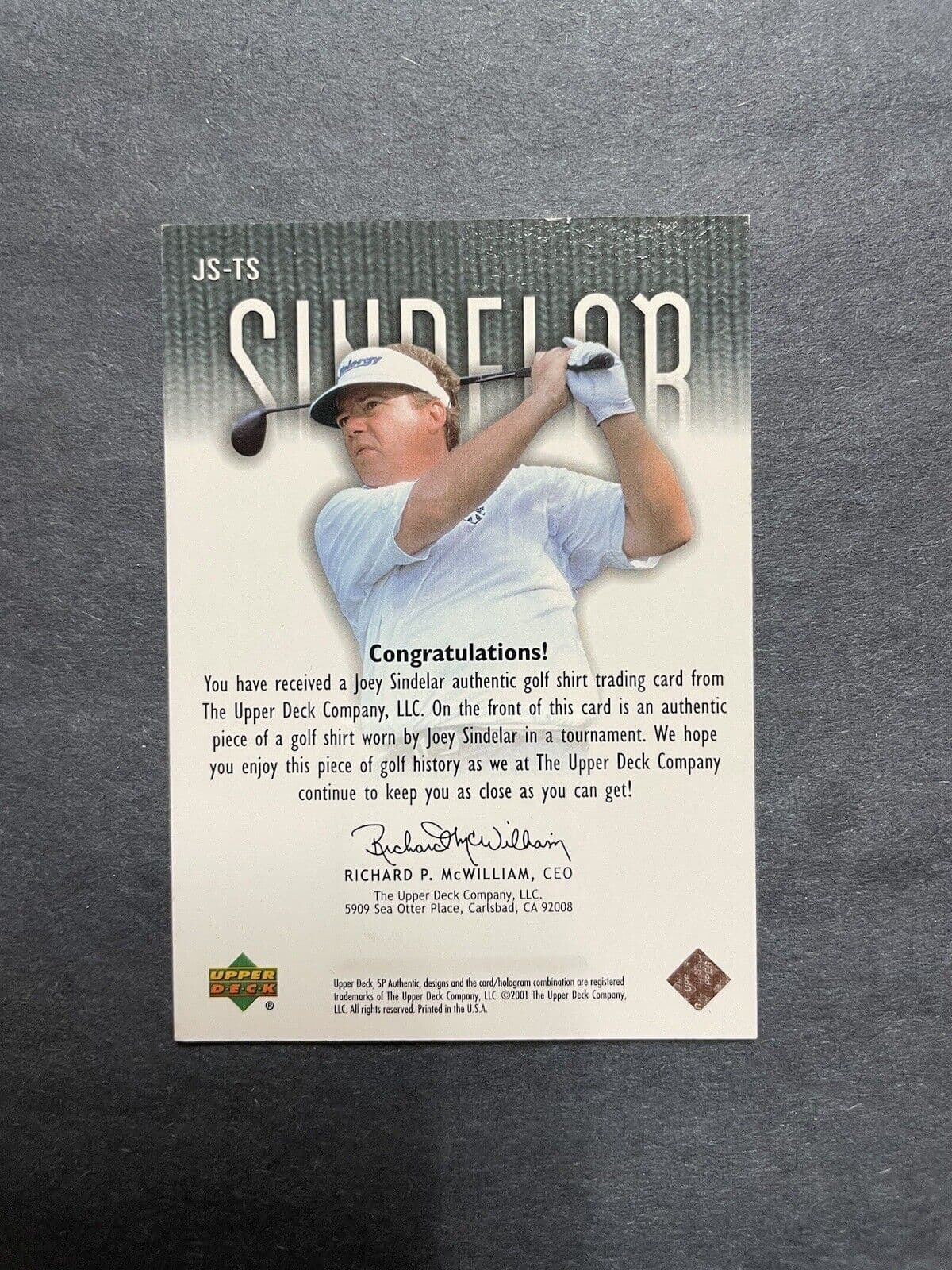 Joey Sindelar Upper Deck Worn Tour Swatch Shirt Golf Rare Card