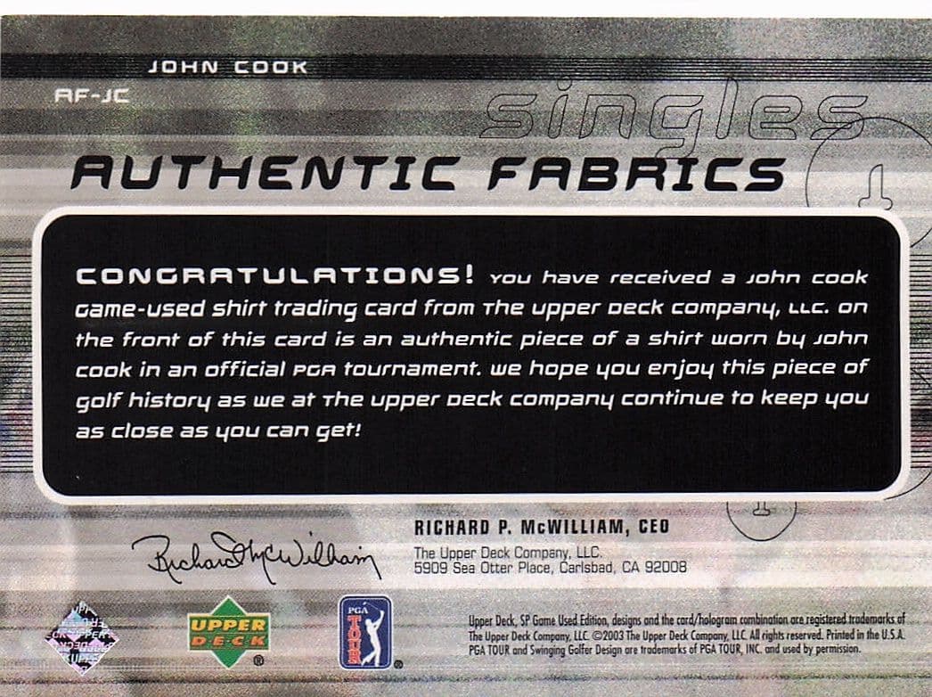 John Cook Authentic Fabrics Singles 2003 Golf Upper Deck Worn Shirt Card