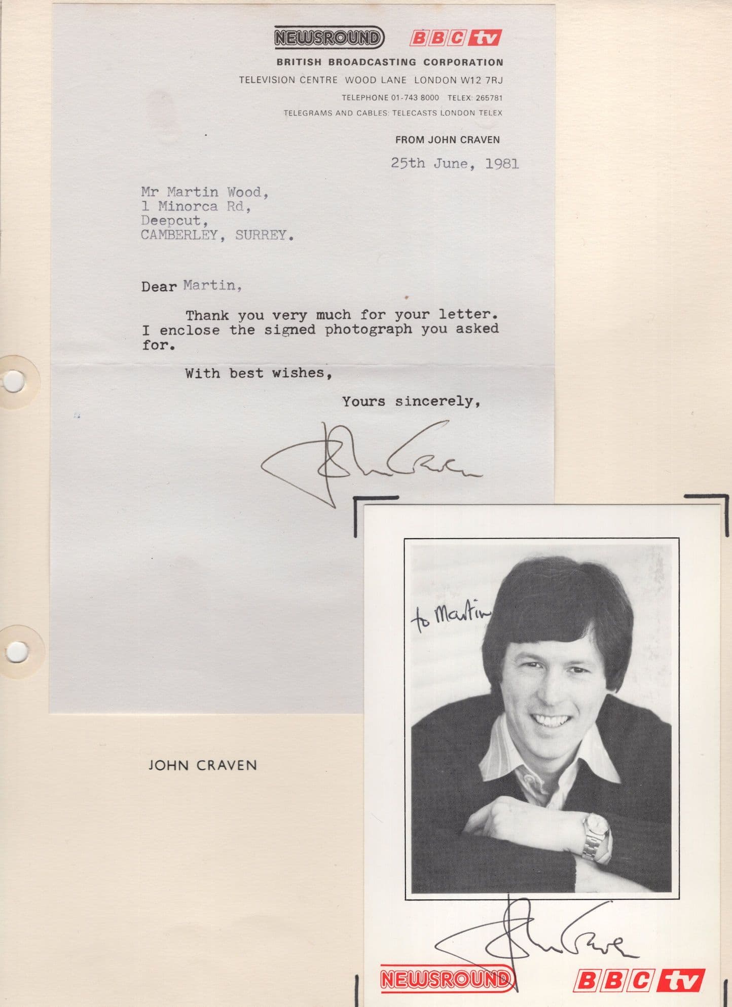 John Cravens BBC Newsround 1981 Mounted Hand Signed Photo Letter