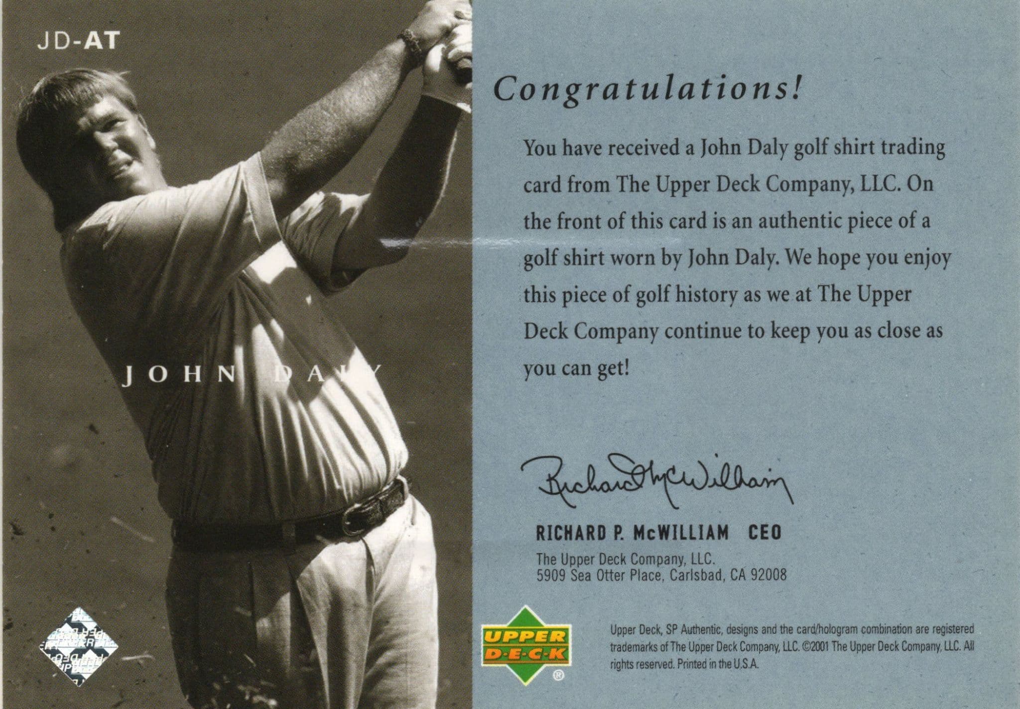 John Daly 2001 Upper Deck Worn Shirt Golf Tour Rare Limited Threads Card