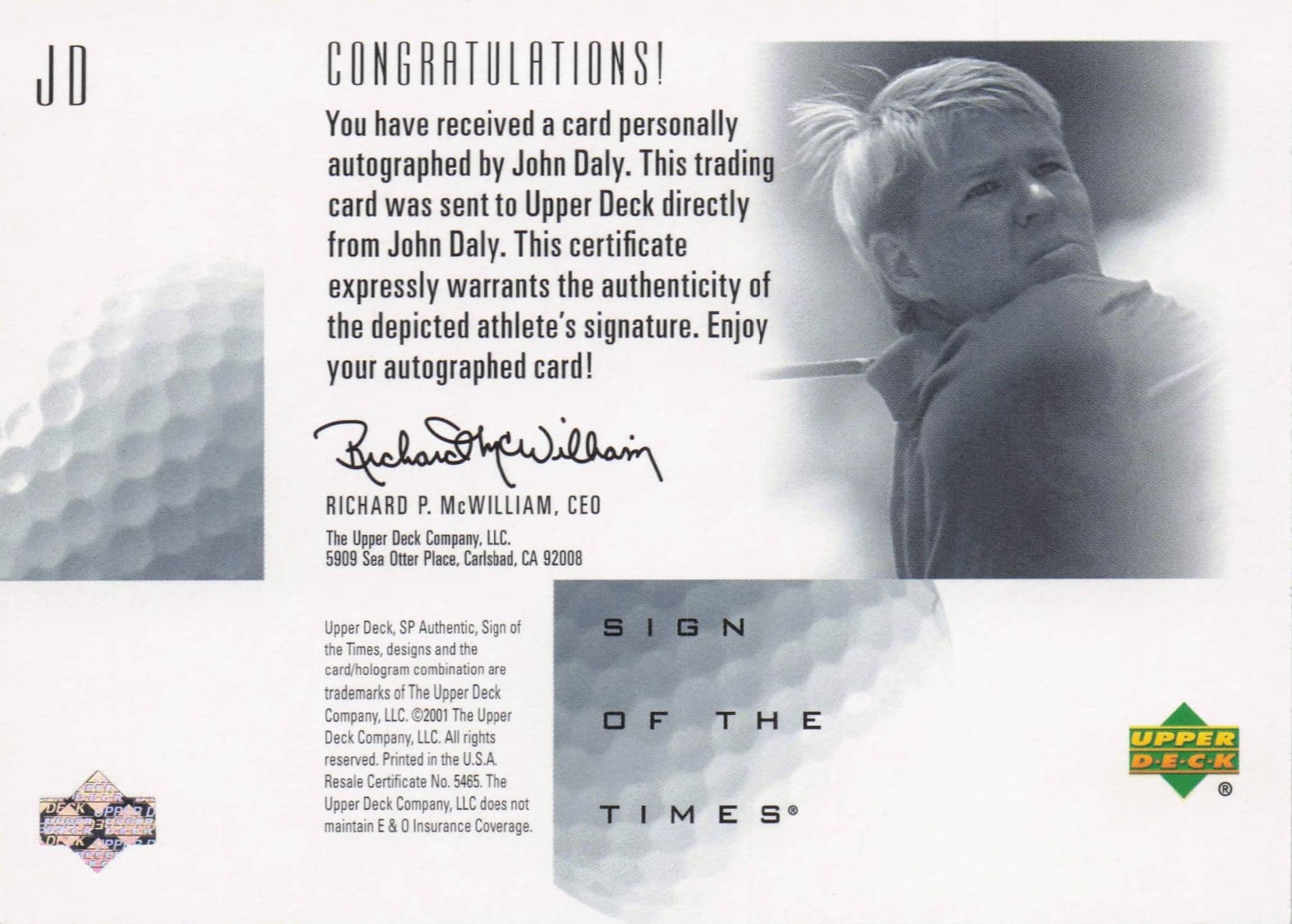 John Daly Sign Of The Times Blue Ink Hand Signed 2001 SP Golf Autograph Card