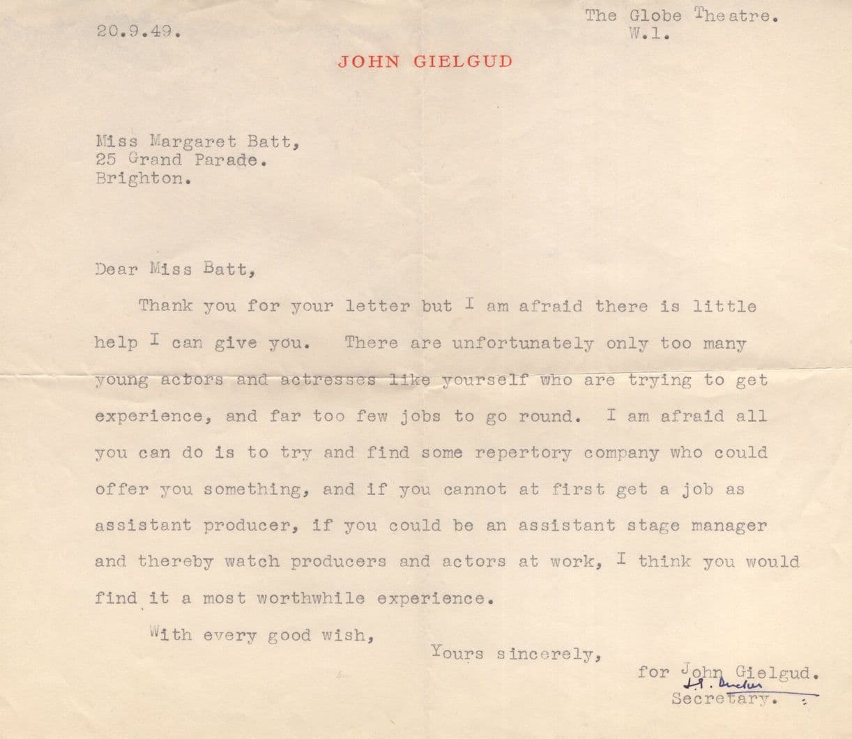 John Gielgud Personal London Theatre Letter 1949 Secretary Hand Signed