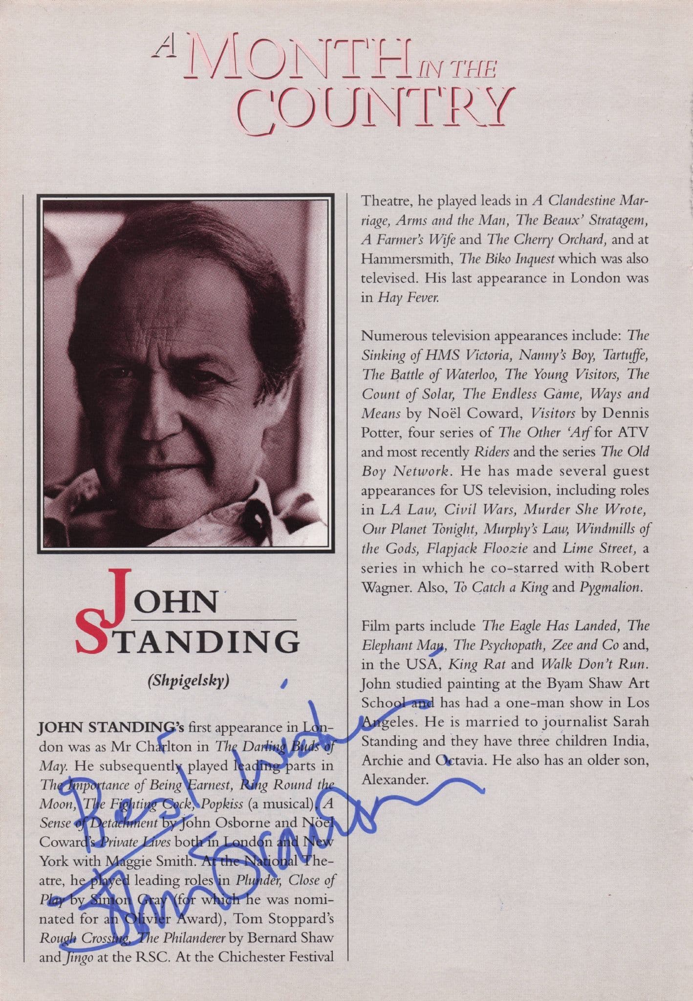 John Hurt Standing The Elephant Man Hand Signed Theatre Page