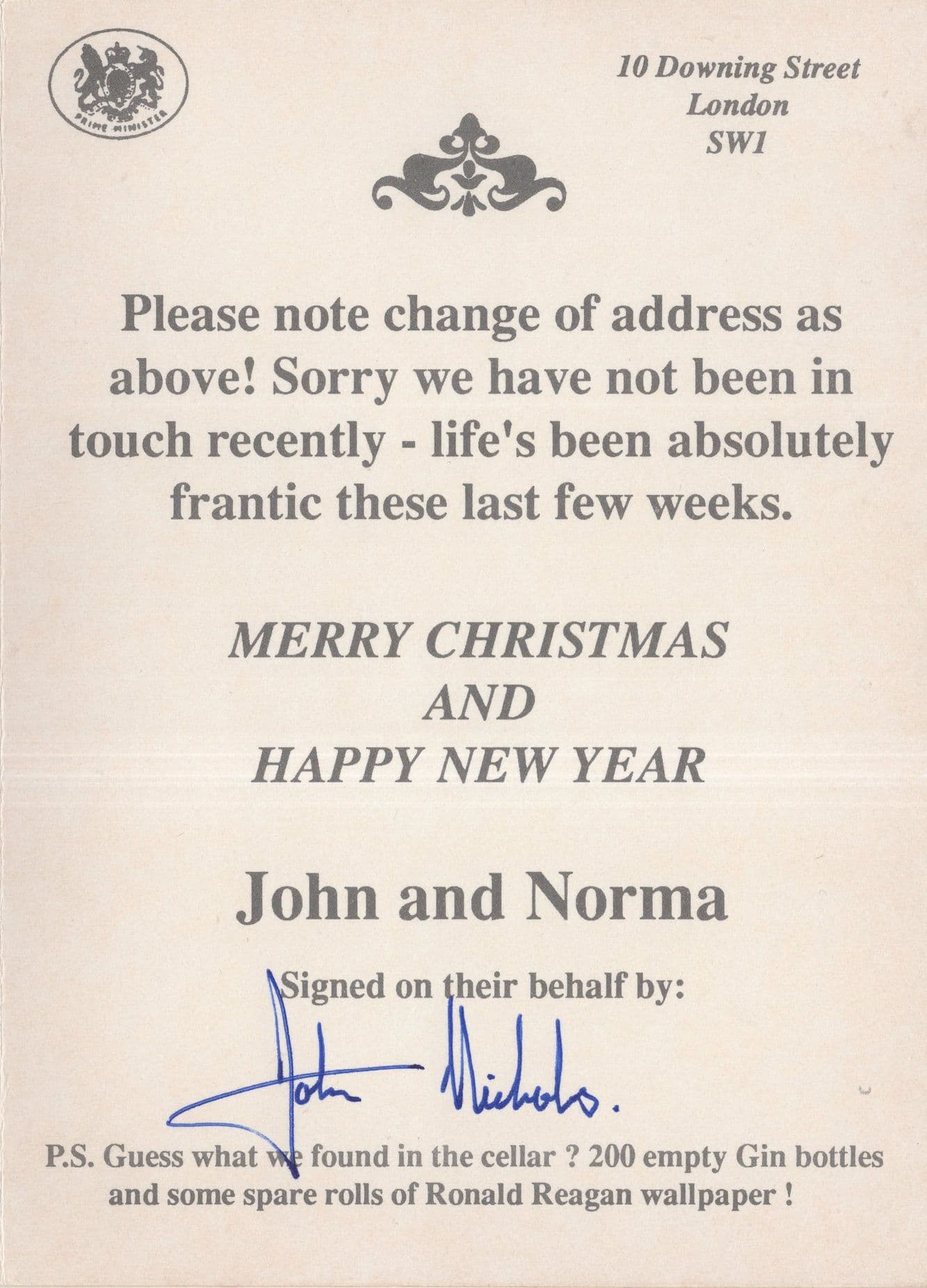 John Major Hand Signed Comic Ronald Reagan Wallpaper Card