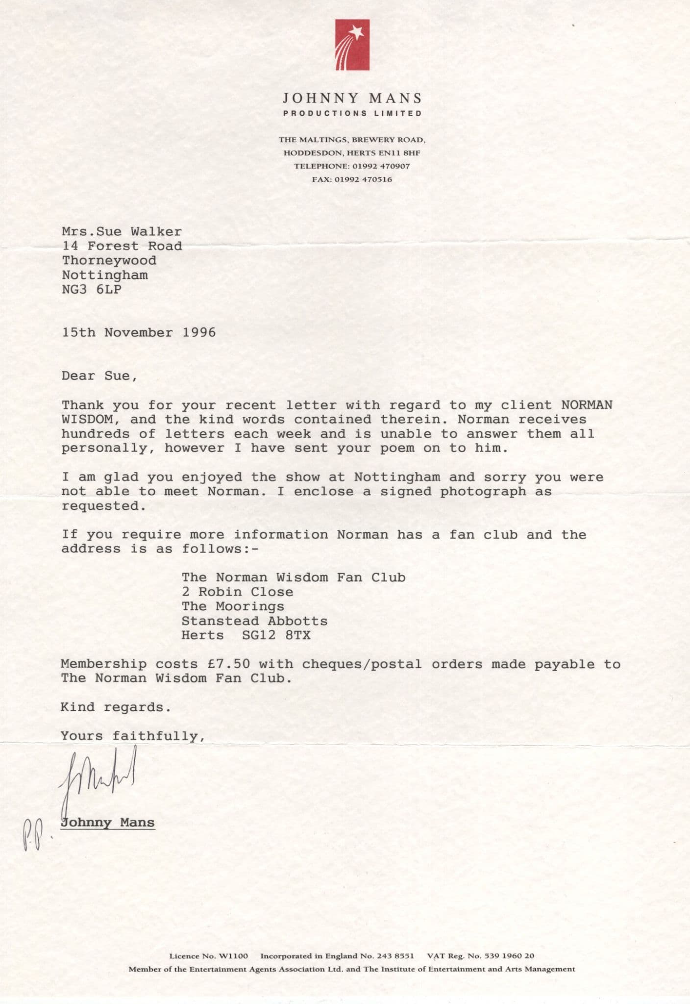 Johnny Mans of Norman Wisdom Hand Signed Headed Paper Letter