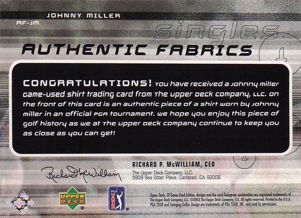 Johnny Miller Authentic Fabrics Singles 2003 AF Golf Worn Shirt Card