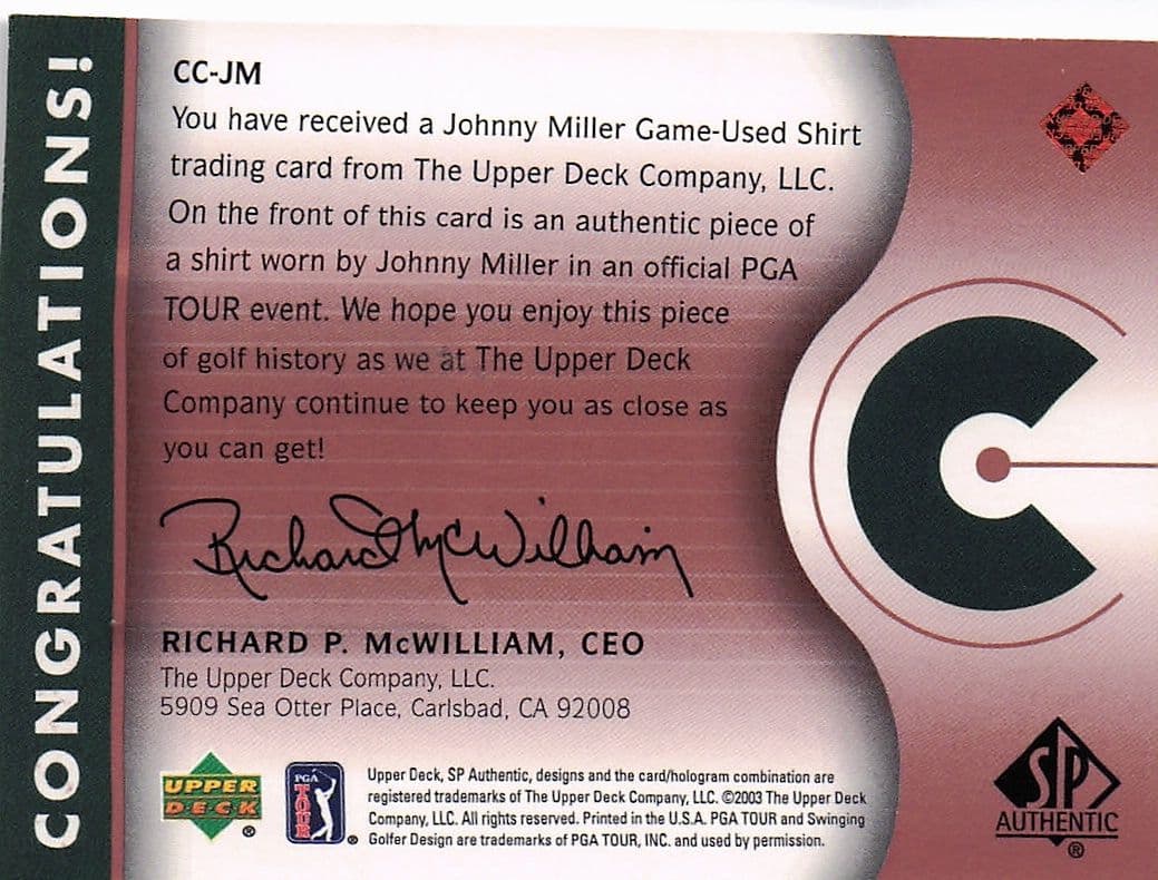 Johnny Miller Course Classics 2003 Authentic Worn PGA Tour Golf Shirt Card