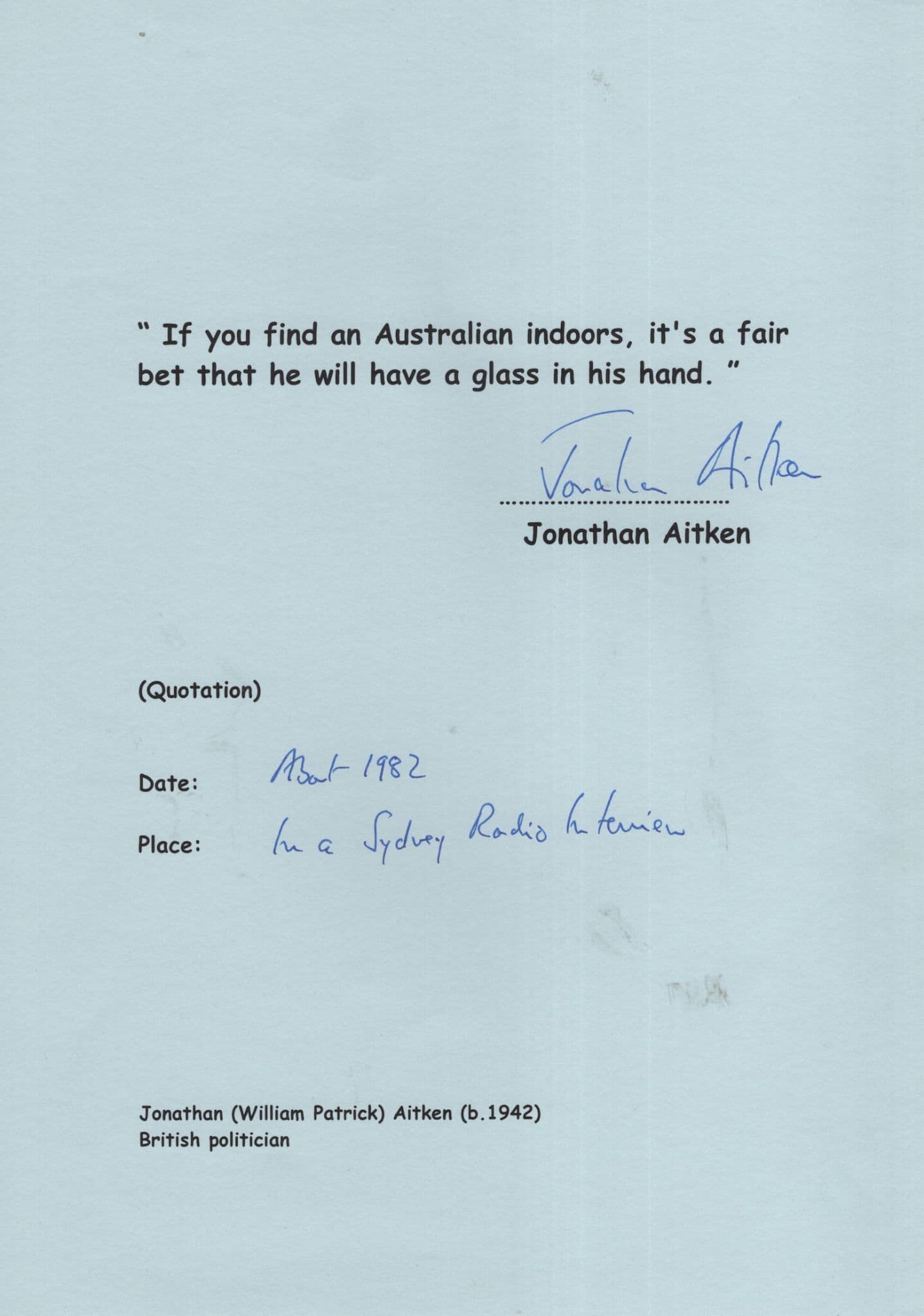 Jonathan Aitken Politics Hand Signed Quotation Autograph