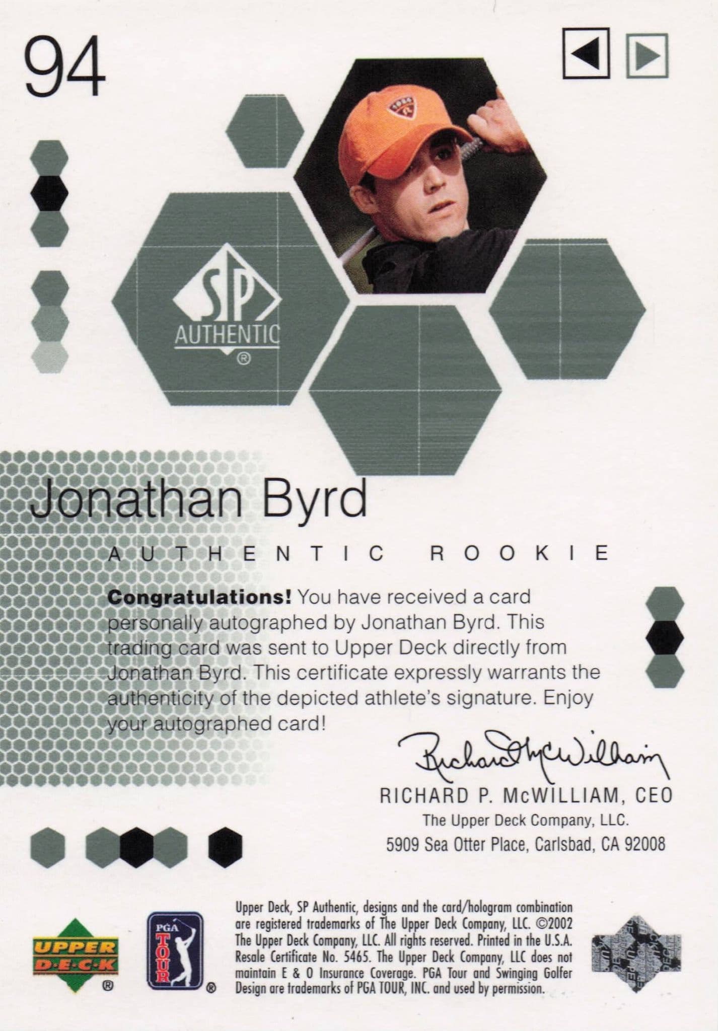 Jonathan Byrd Authentic Rookie 2002 Golf SP Hand Signed Autograph Card