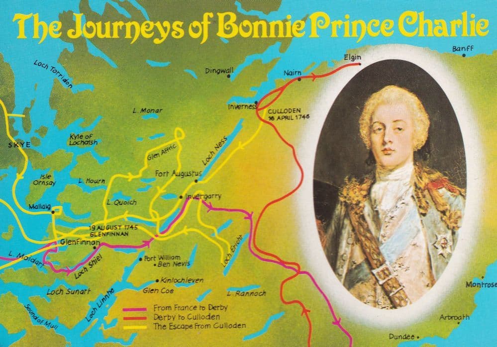 Journeys Of Bonnie Prince Charlie Scottish Jacobite Map Postcard