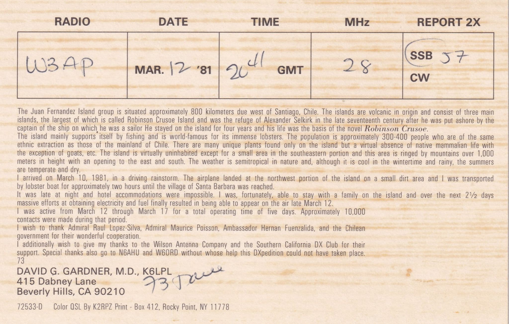 Juan Fernandez Island Santiago Ohio Radio Station QSL Postcard Card