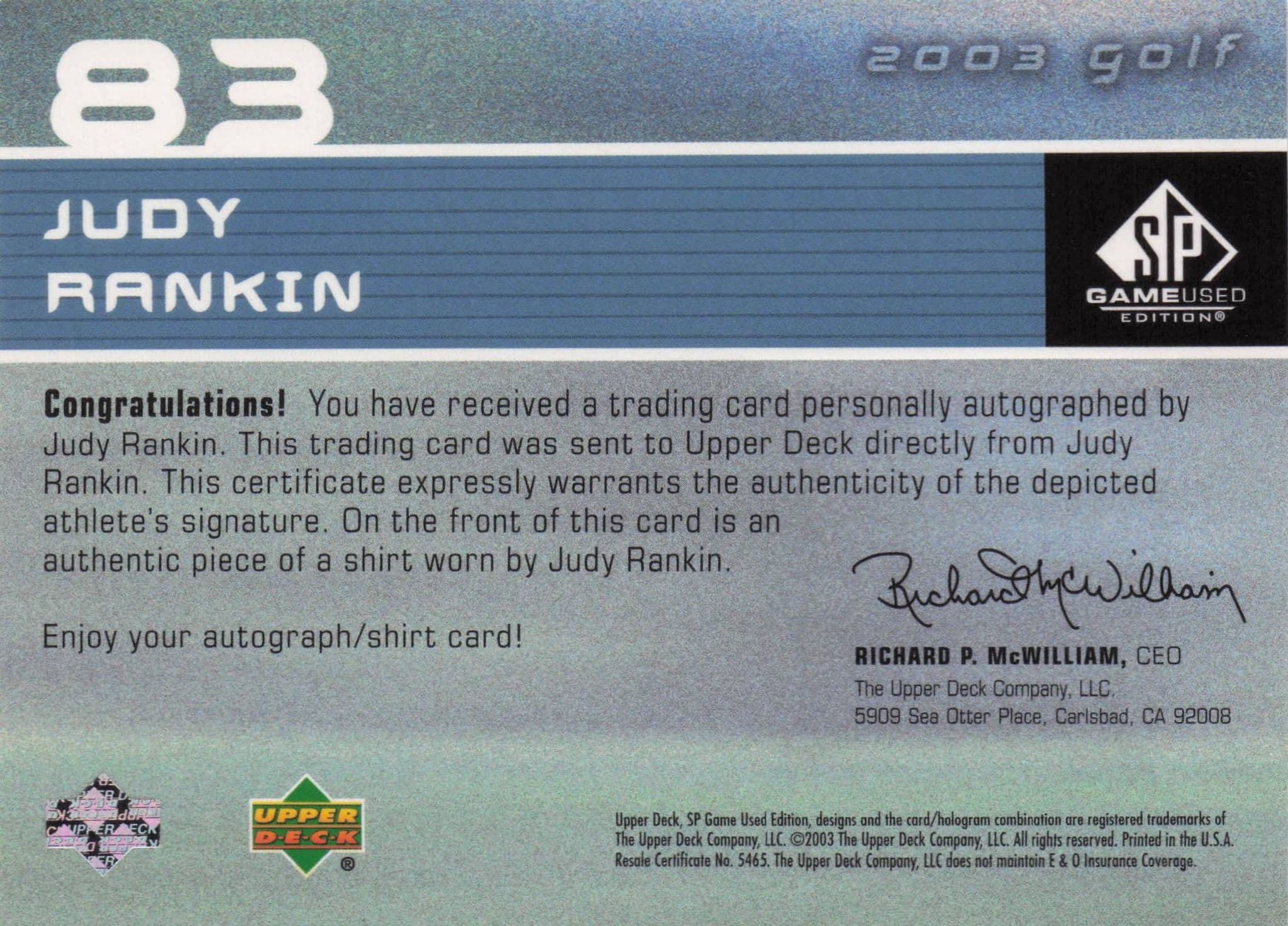 Judy Rankin First Tee SP 2003 Golf Hand Signed Worn PGA Shirt Card