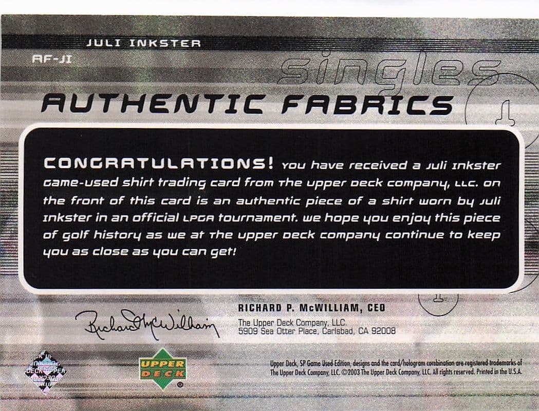 Juli Inkster Authentic Fabrics Singles 2003 Golf Upper Deck Worn Shirt Card
