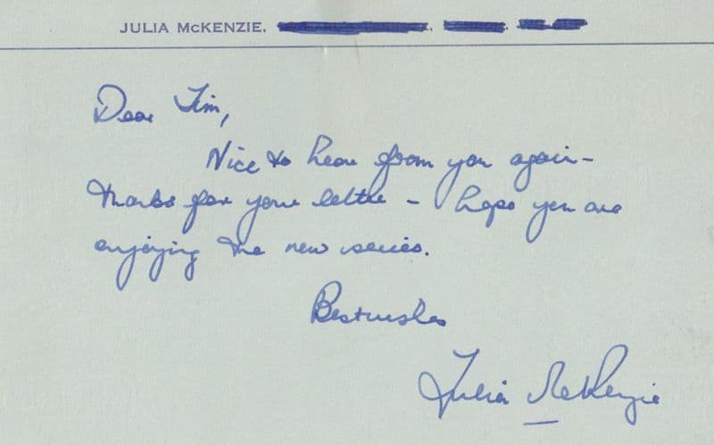 Julia McKenzie Hand Signed Personal Letter On Card