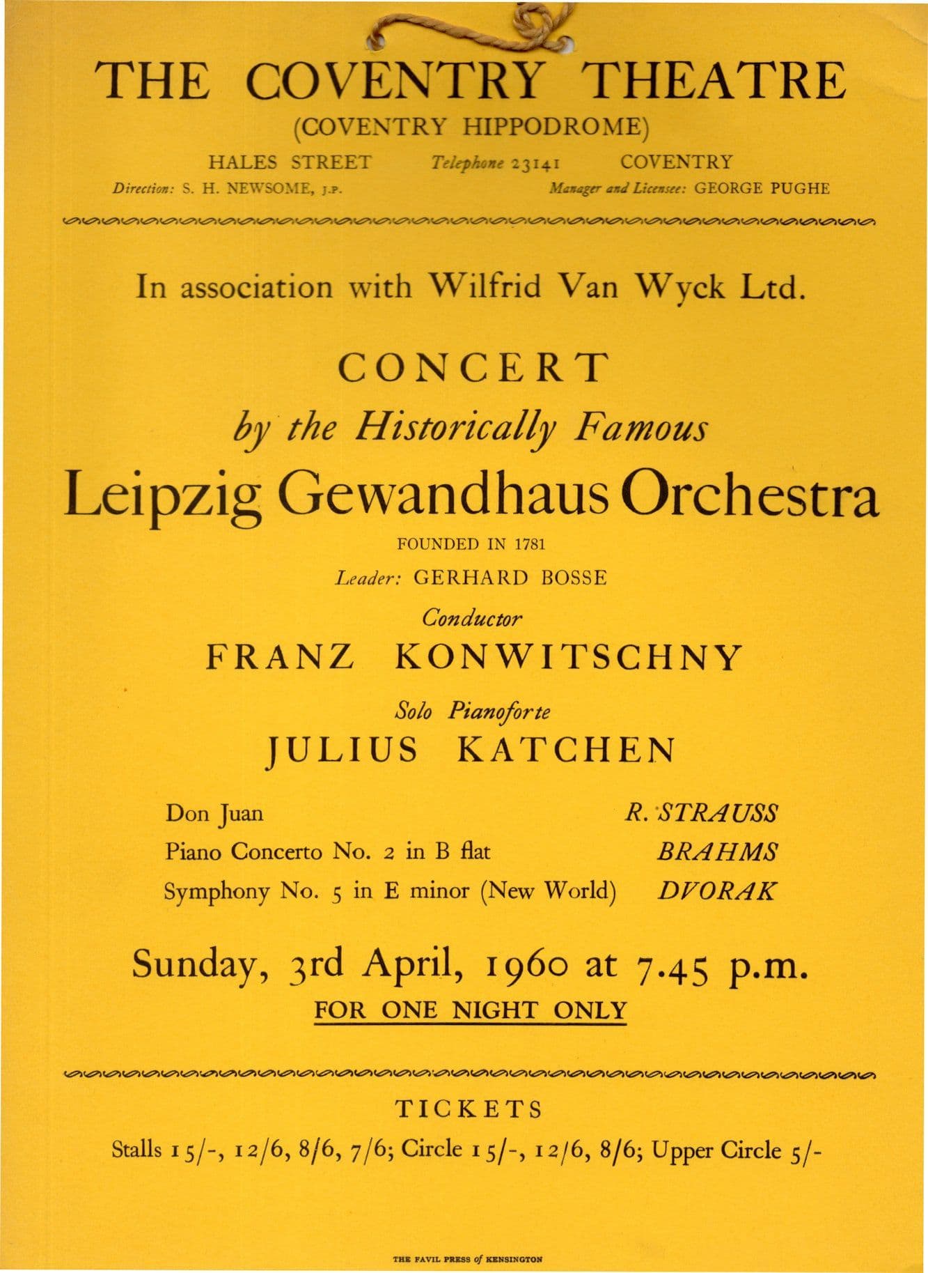Julius Katchen Franz Konwitschny Coventry Theatre Hanging Card Poster