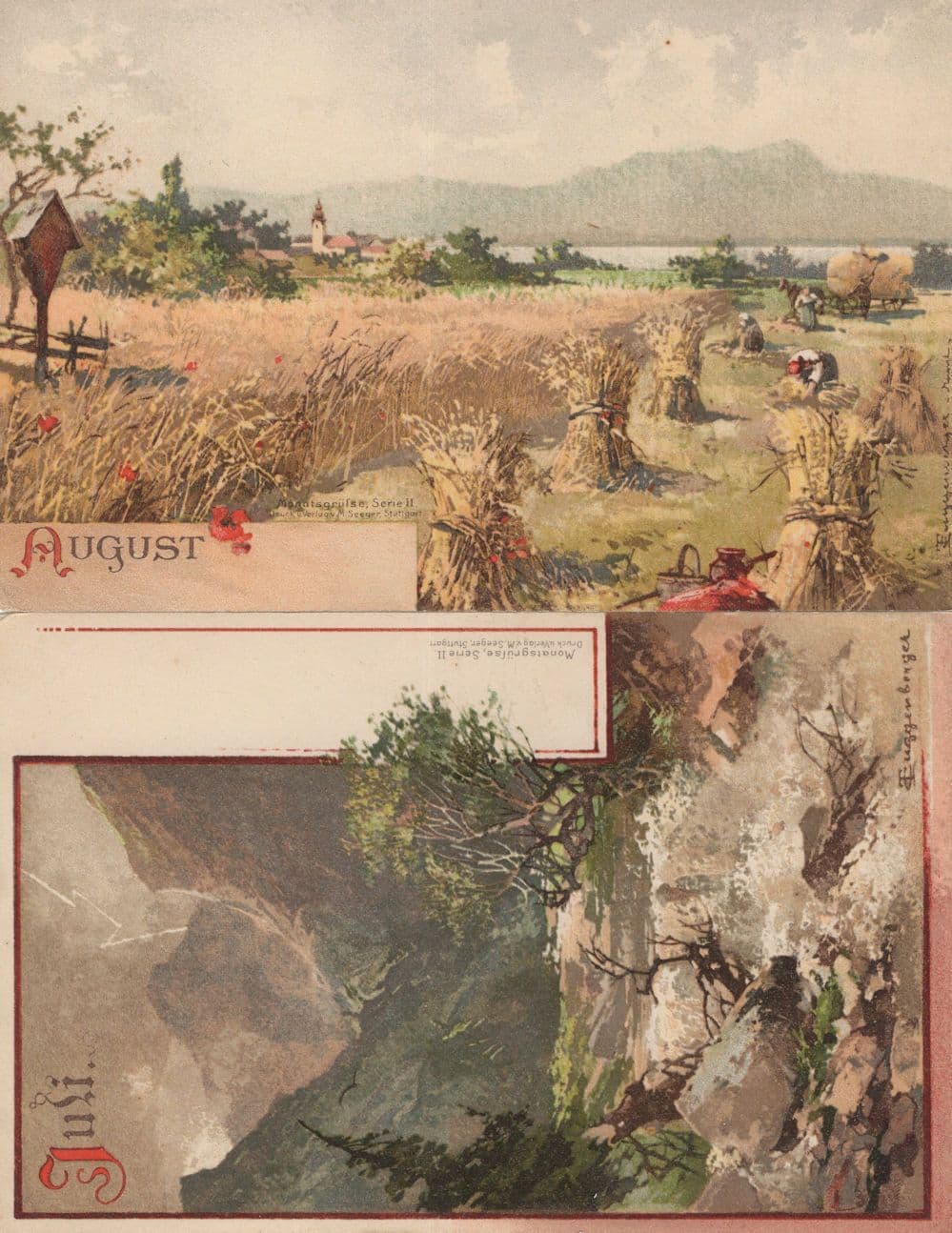 July August 2x Old German Calendar incl Farming Postcard s