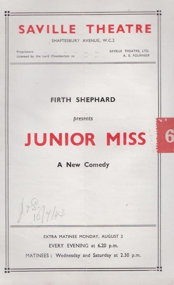 Junior Miss Firth Shephard Comedy WW2 Saville London Theatre Programme
