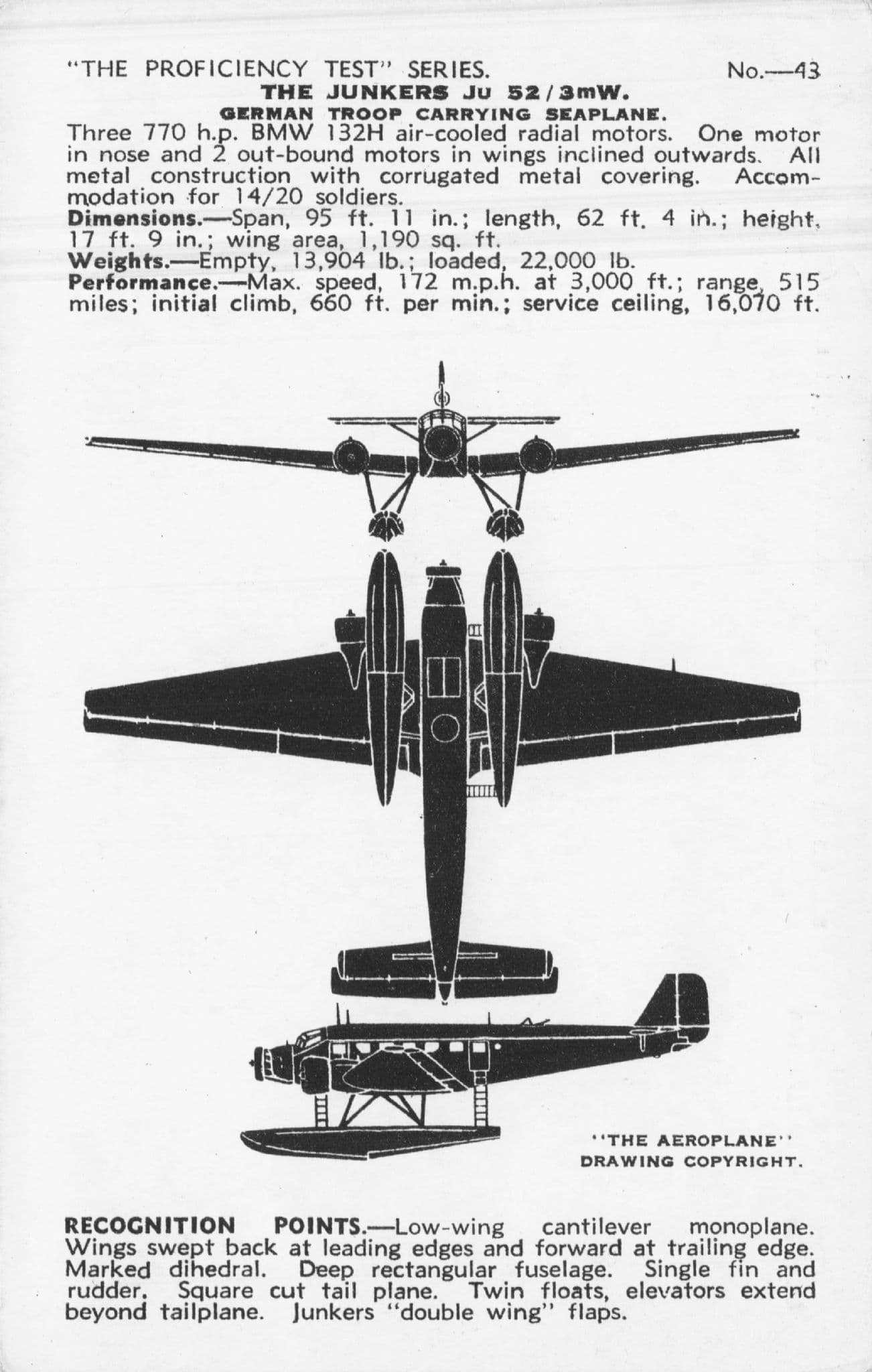 Junkers JU52 3MW Valentines Aircraft Recognition Card Postcard