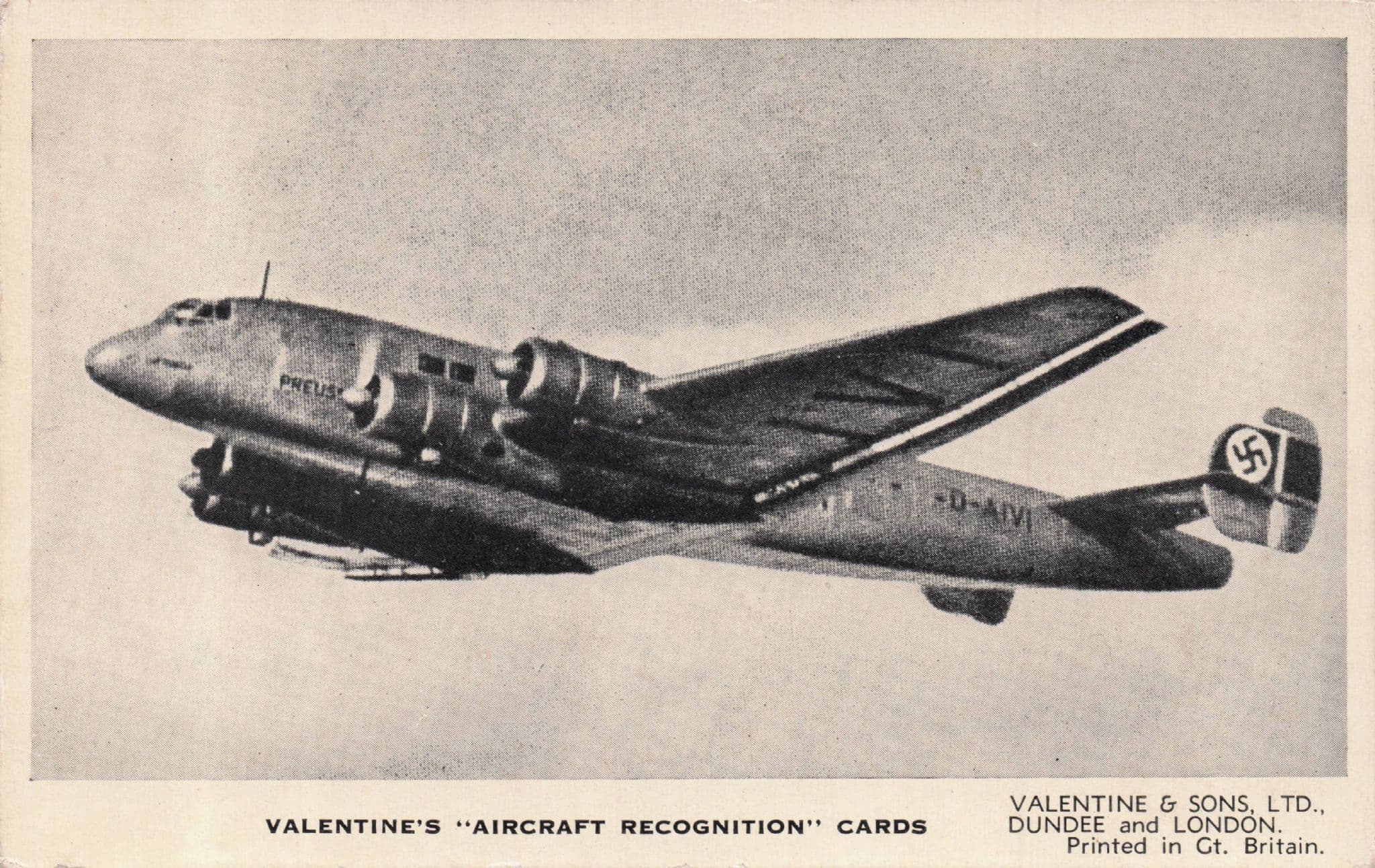 Junkers JU90 Valentines Aircraft Recognition Card Postcard