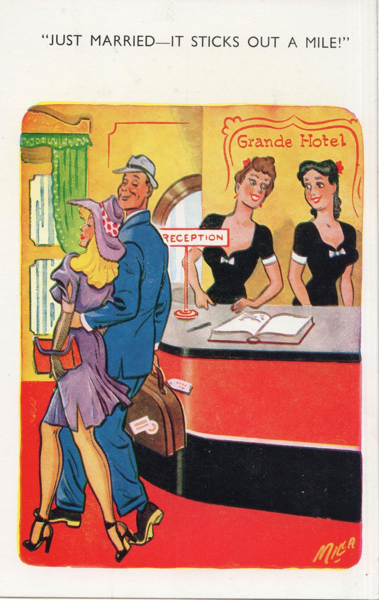 Just Married Newlyweds At Hotel Reception Old Comic Postcard