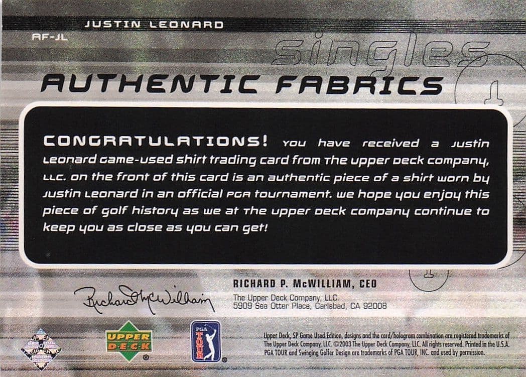 Justin Leonard Authentic Fabrics Singles Golf Upper Deck Worn Shirt Card