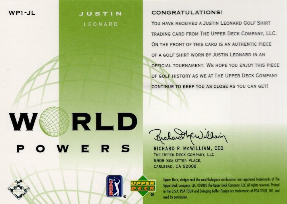Justin Leonard Authentic World Powers Golf Upper Deck Relic Shirt Card
