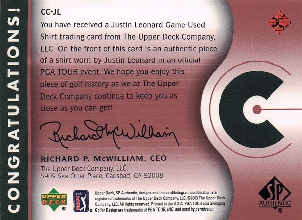 Justin Leonard Course Classics 2003 Authentic Worn PGA Tour Golf Shirt Card