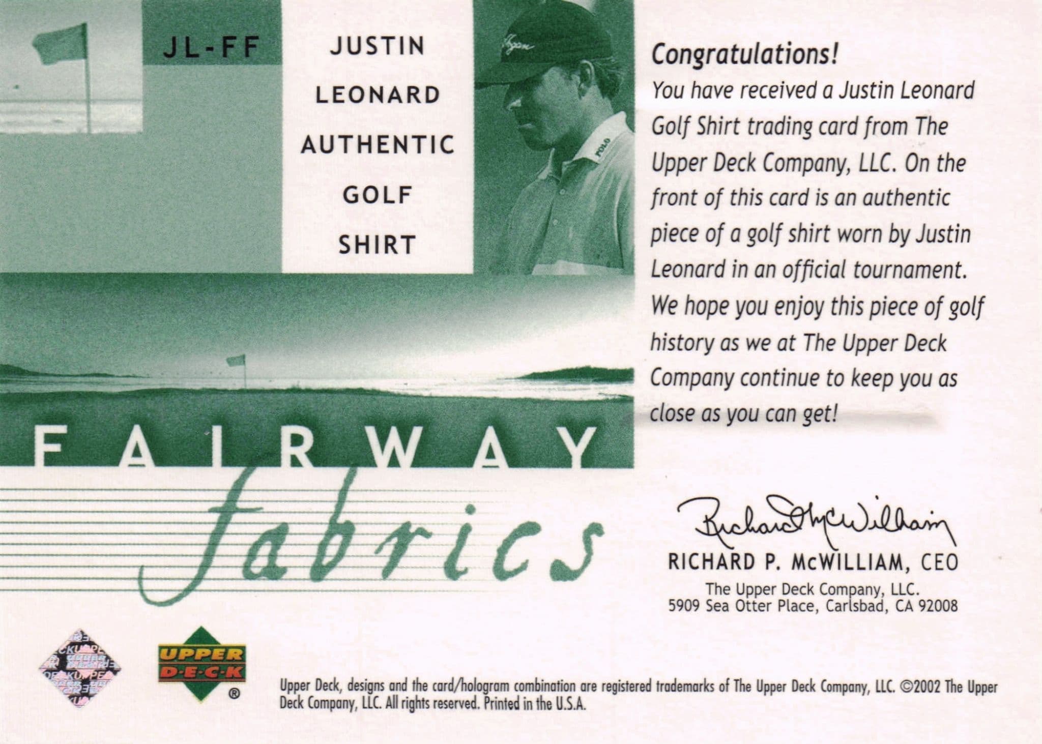 Justin Leonard Fairway Fabrics 2002 Golf Upper Deck Shirt Relic Card