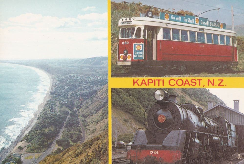 Kapiti Coast New Zealand Shell Petrol Bus Train Advertising Postcard