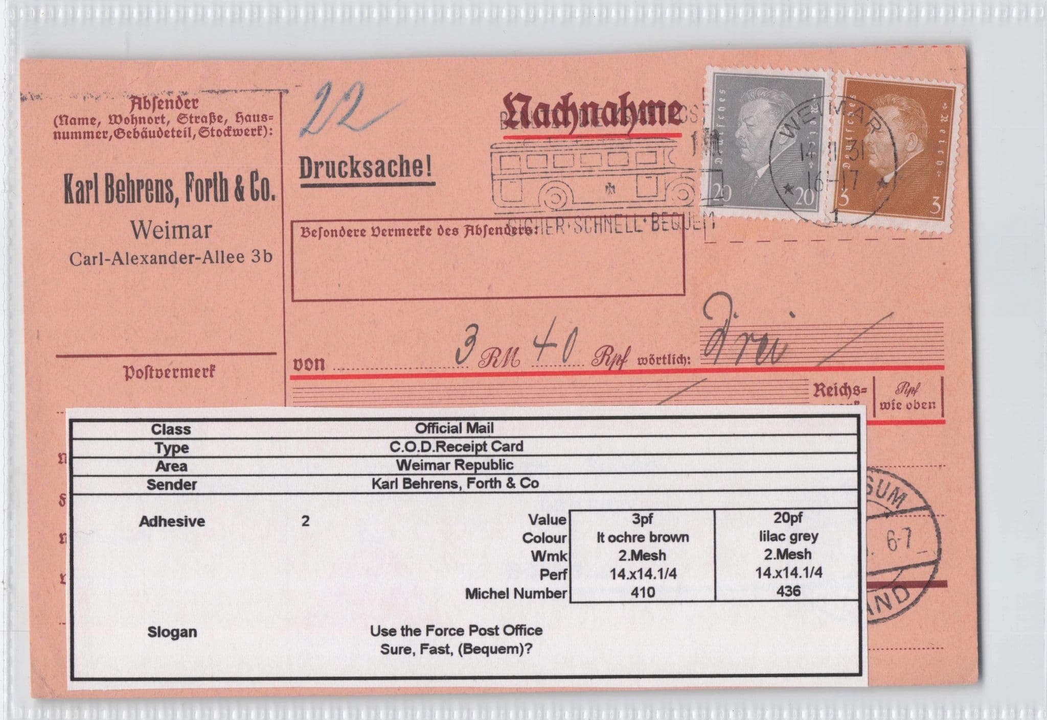 Karl Behrens Weimar 1931 Post Office Is Fast German Old Postcard