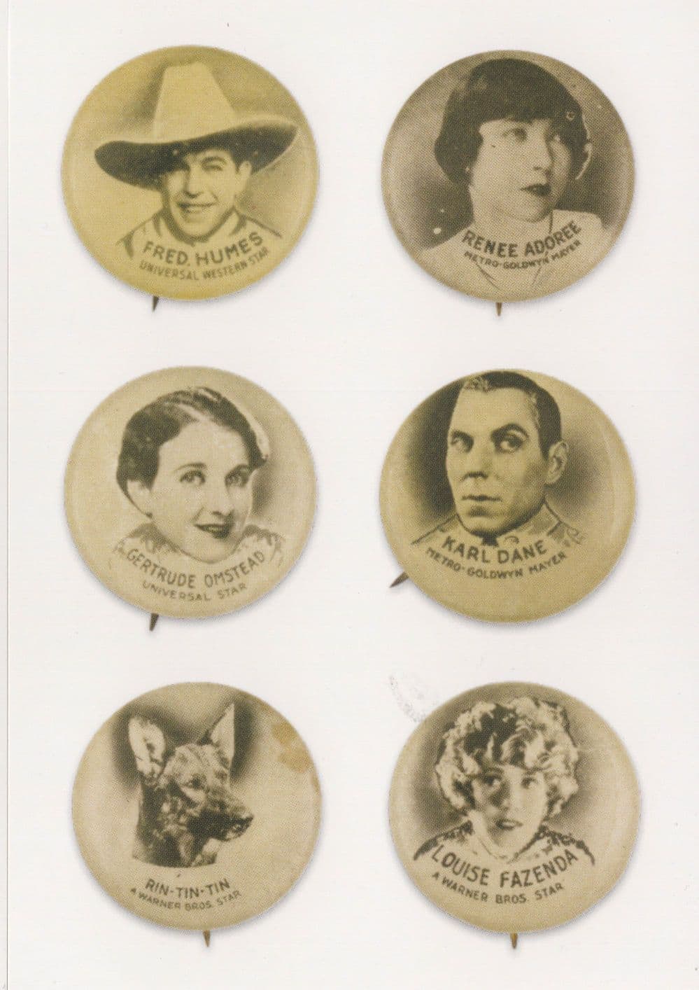 Karl Dane Rin Tin TIn Alsation Dog Louise Fazender Film Badge Postcard