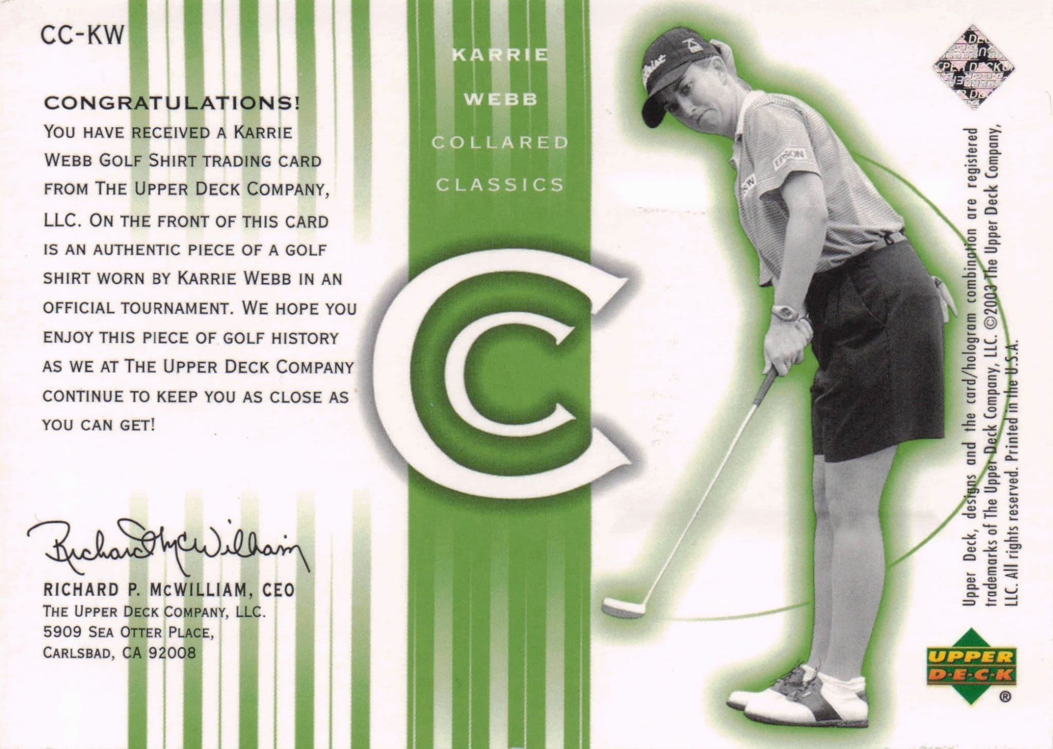 Karrie Webb Collared Classics Golf Shirt Relic Upper Deck 2003 Card