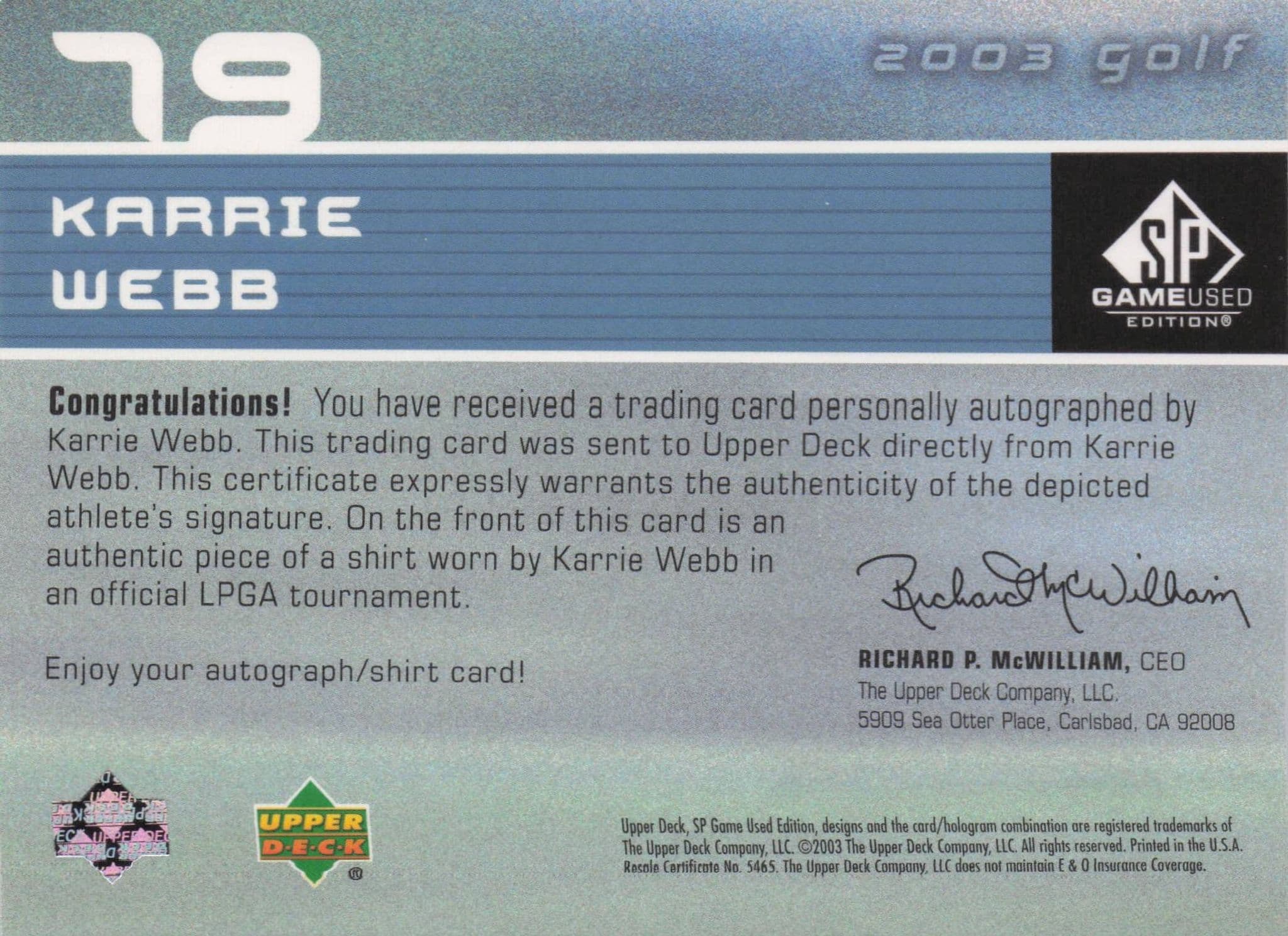 Karrie Webb First Tee SP 2003 Golf Hand Signed Worn PGA Shirt Card