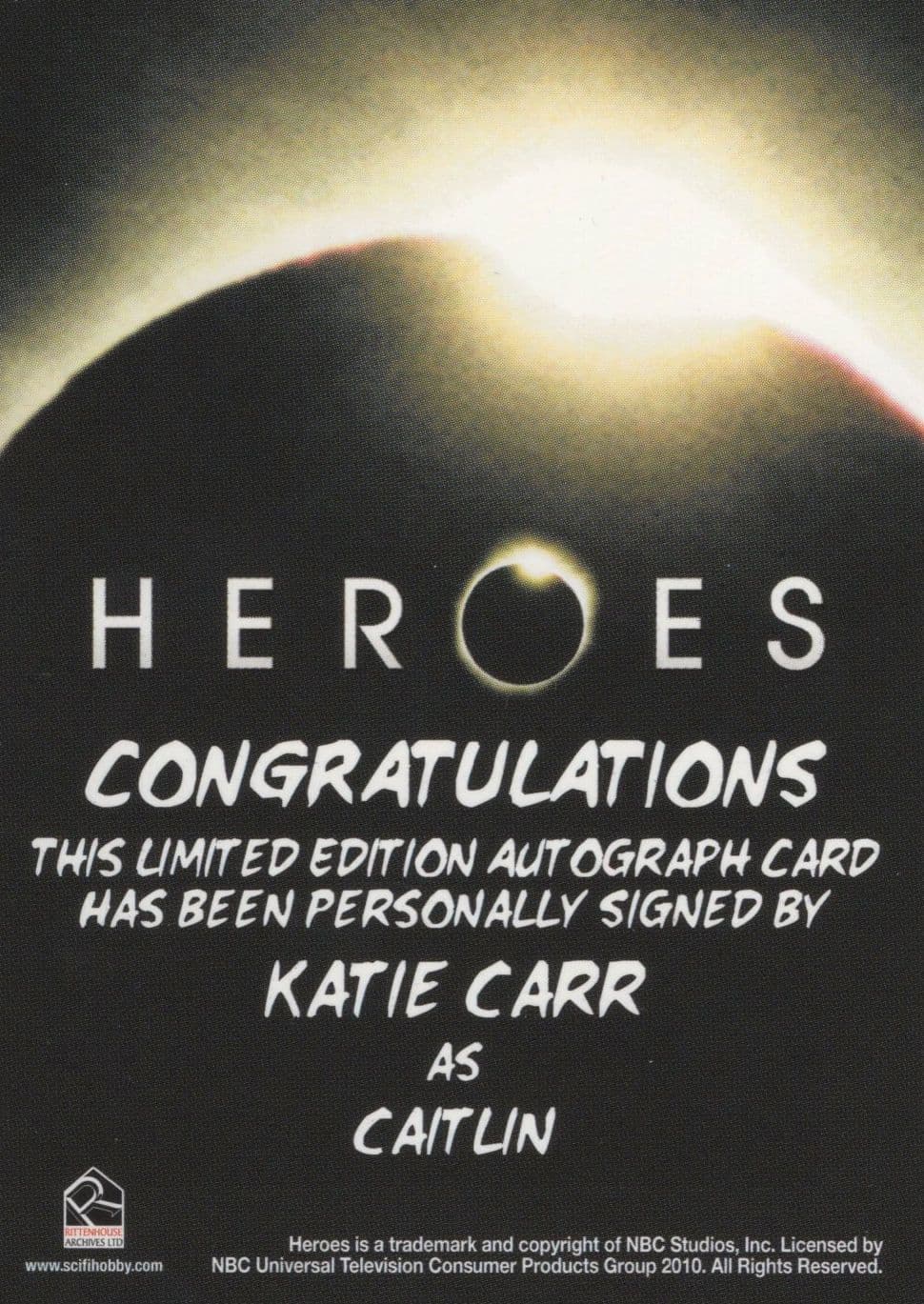 Katie Carr as Caitlin Heroes Hand Signed TV Show Autograph Card