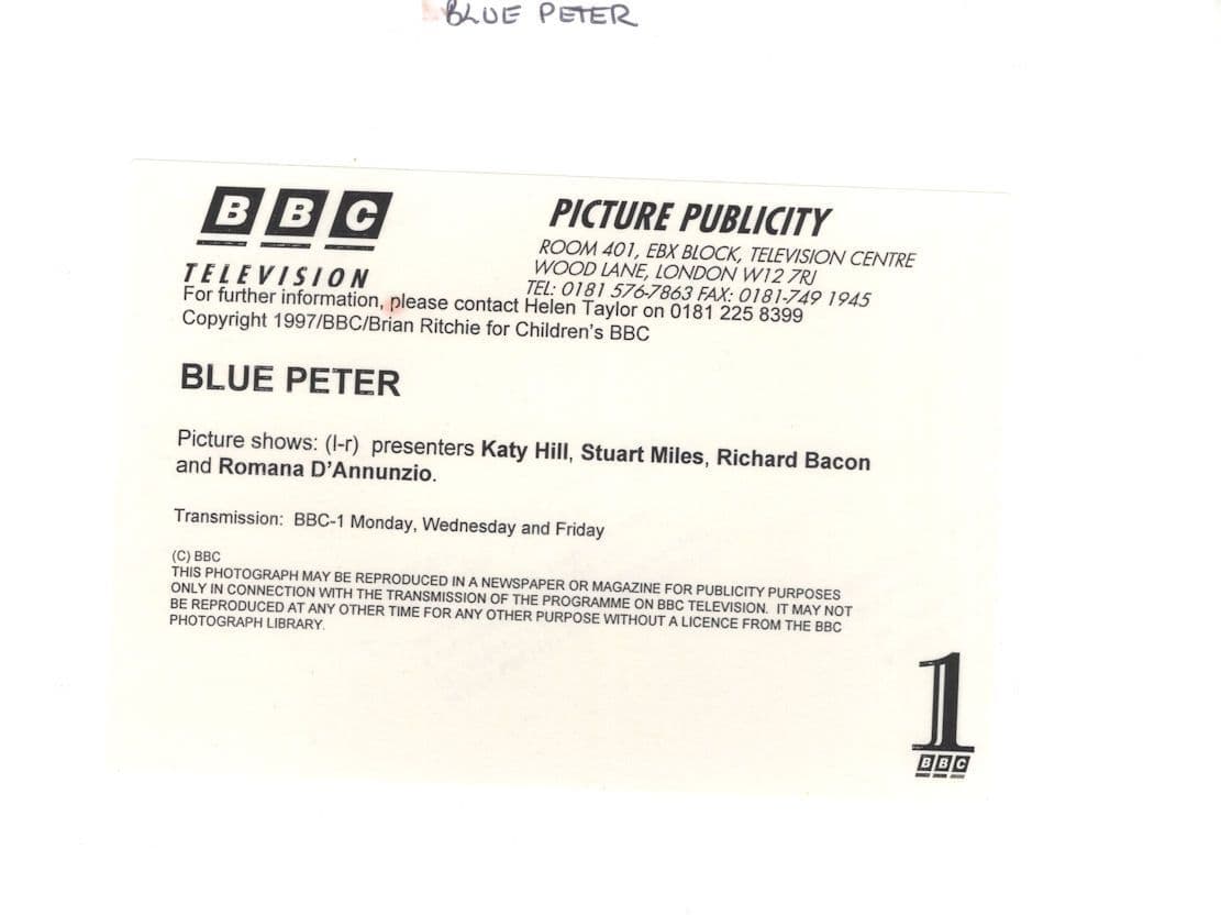Katy Hill Romana D'Annunzio Stuart Miles Richard Bacon Blue Peter BBC TV 1997 Press Photo