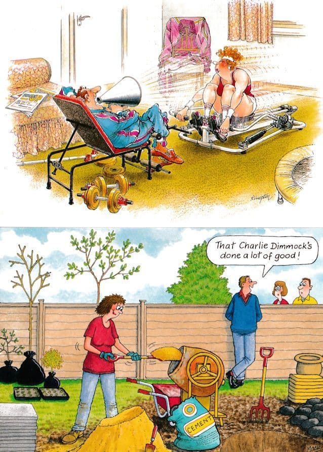 Keep Fit Dumbells Strong Lady 2x Comic Postcard s