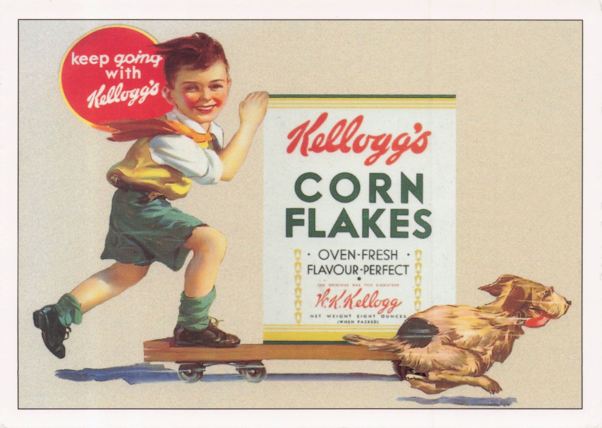 Kelloggs Corn Flakes Skateboard Race Dog Poster Cereal Advertising Postcard