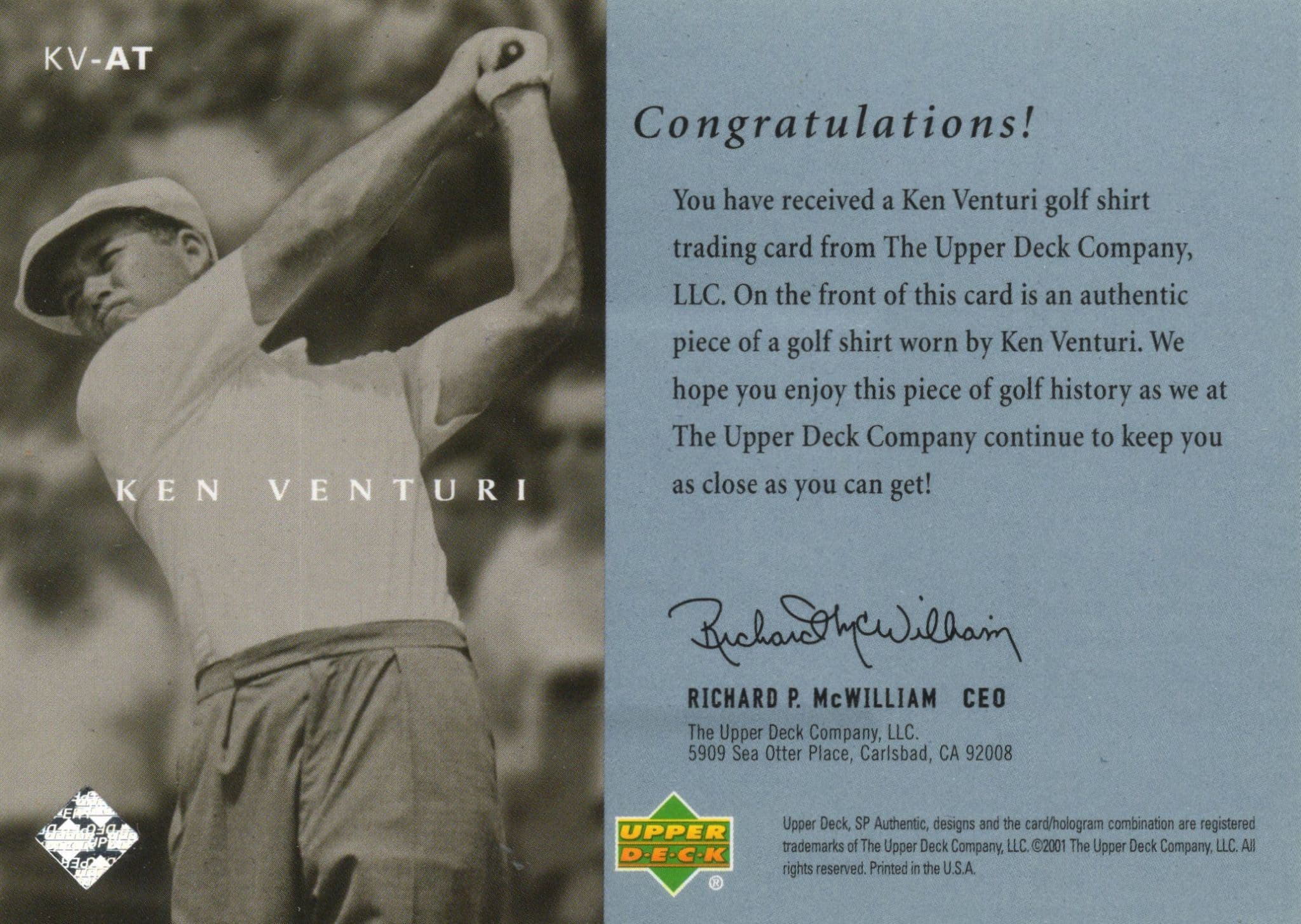 Ken Venturi Upper Deck Worn Shirt Golf Tour Rare Limited Threads Card