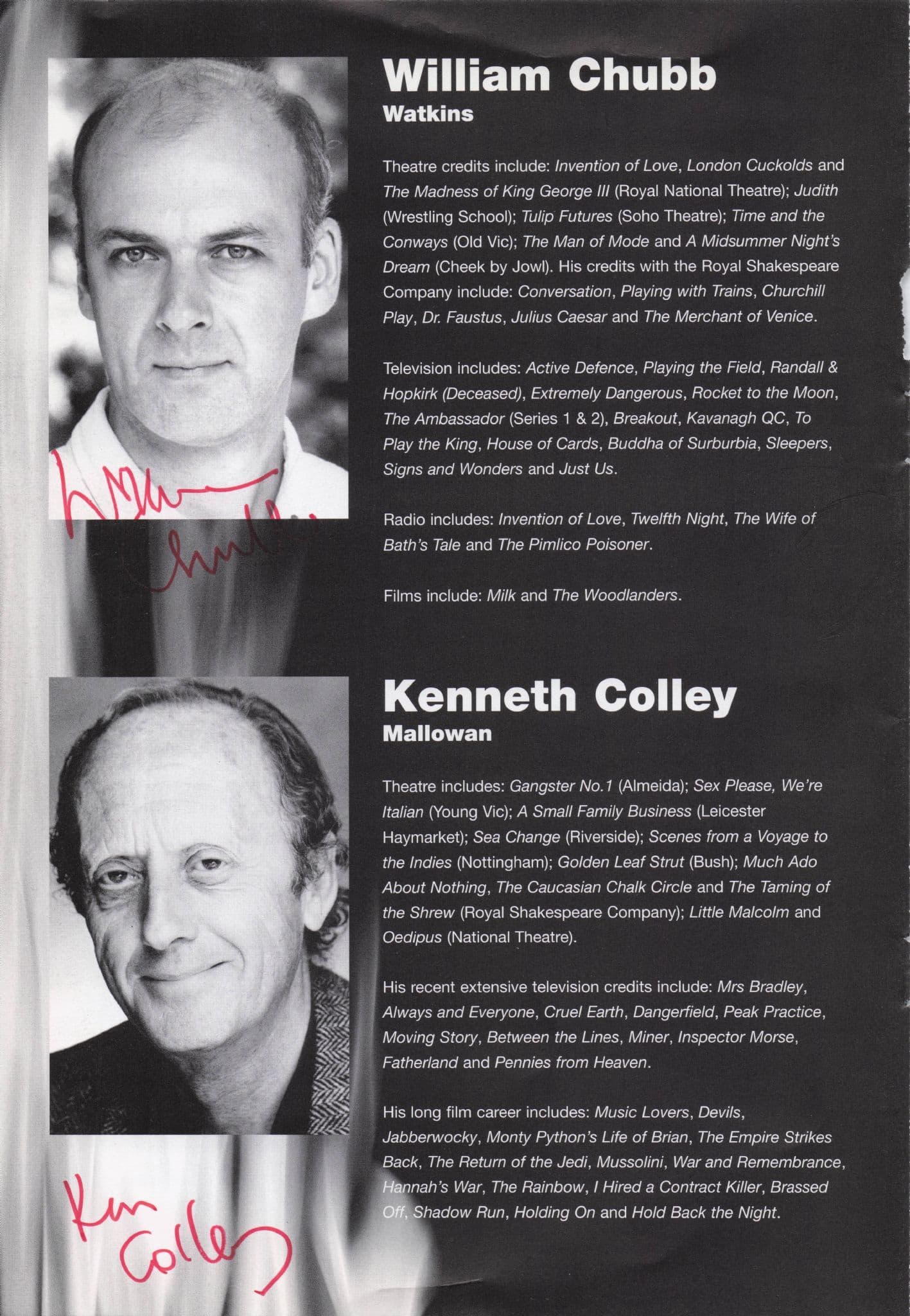 Kenneth Colley of Star Wars Life Of Brian 2x Hand Signed Theatre Page
