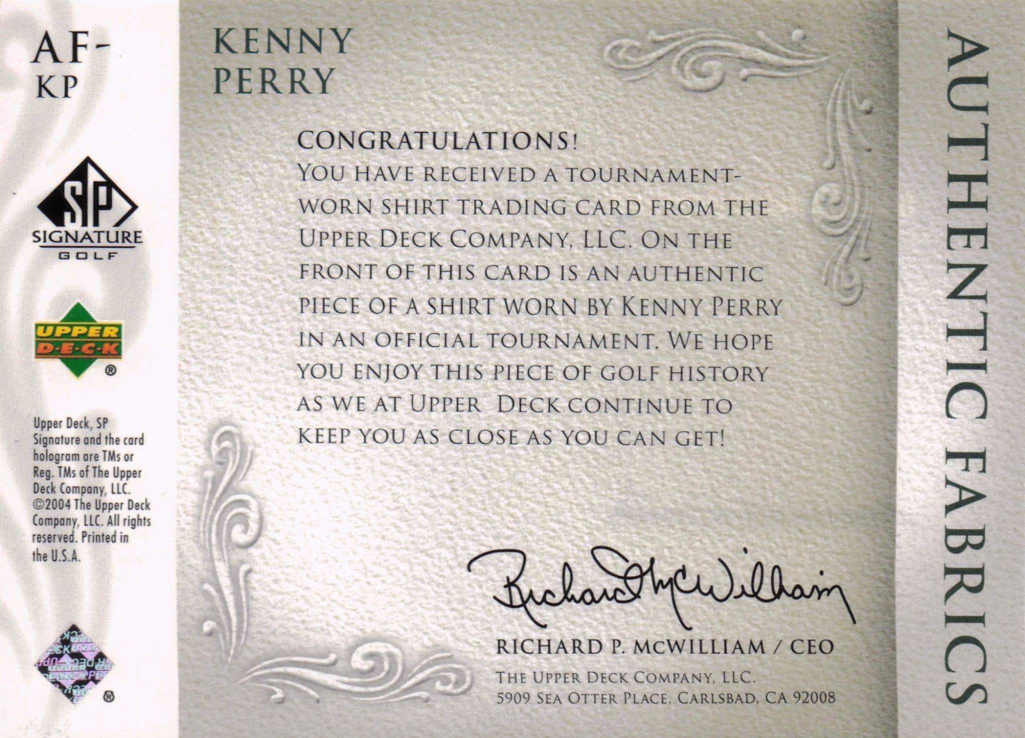 Kenny Perry Authentic Fabrics 2004 Upper Deck Real Golf Shirt Card