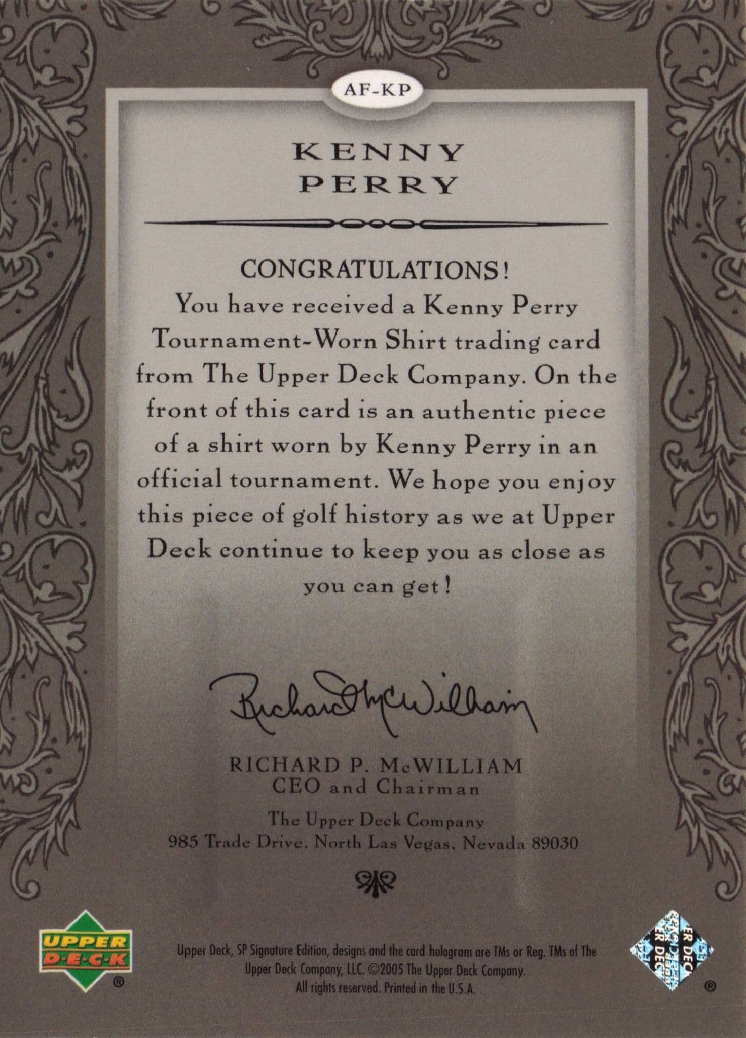 Kenny Perry Authentic Fabrics 2005 SP Golf Upper Deck Worn Shirt Card