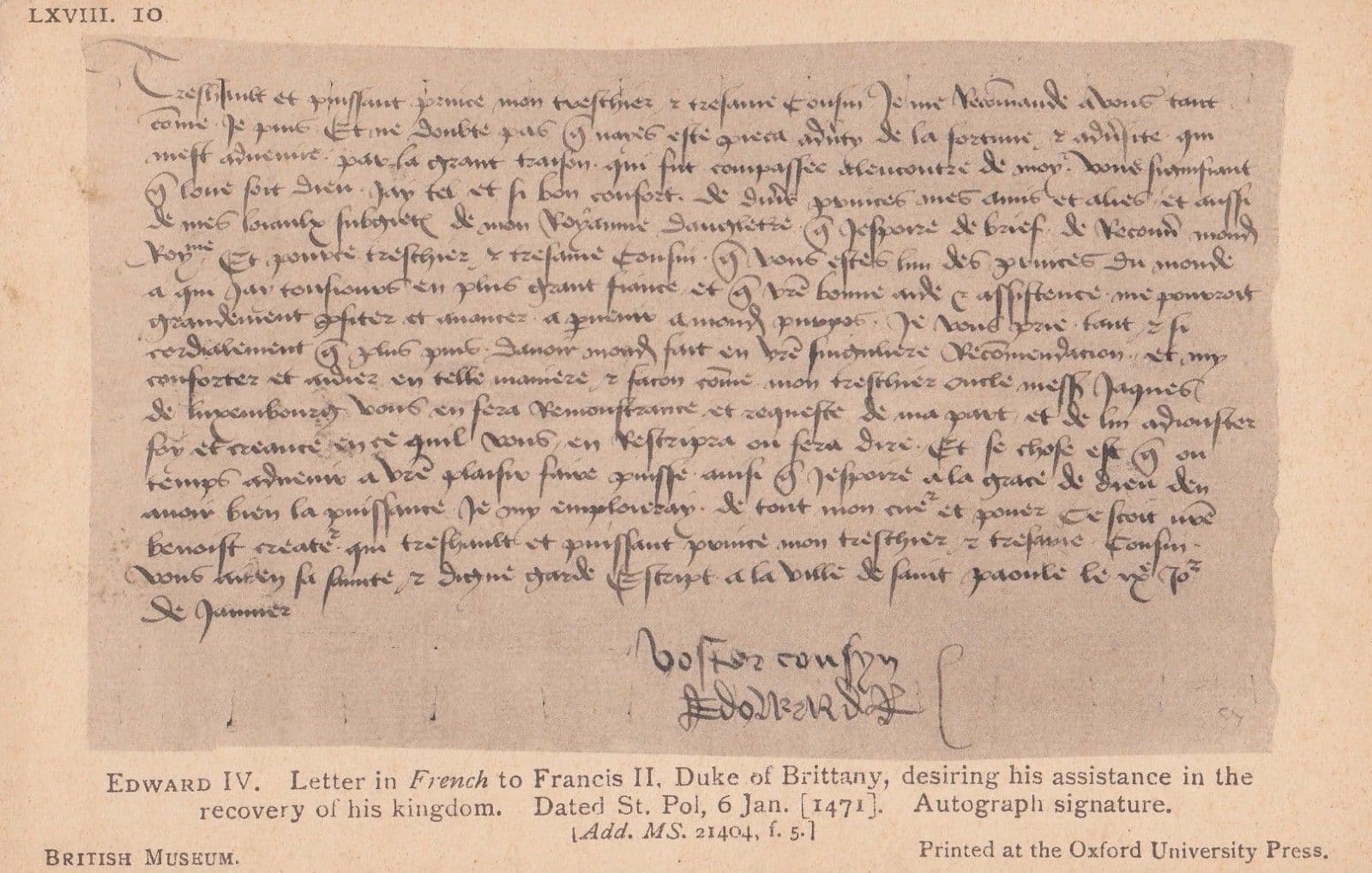 King Edward VI Autograph Letter to Francis II London Museum Exhibit Old Postcard