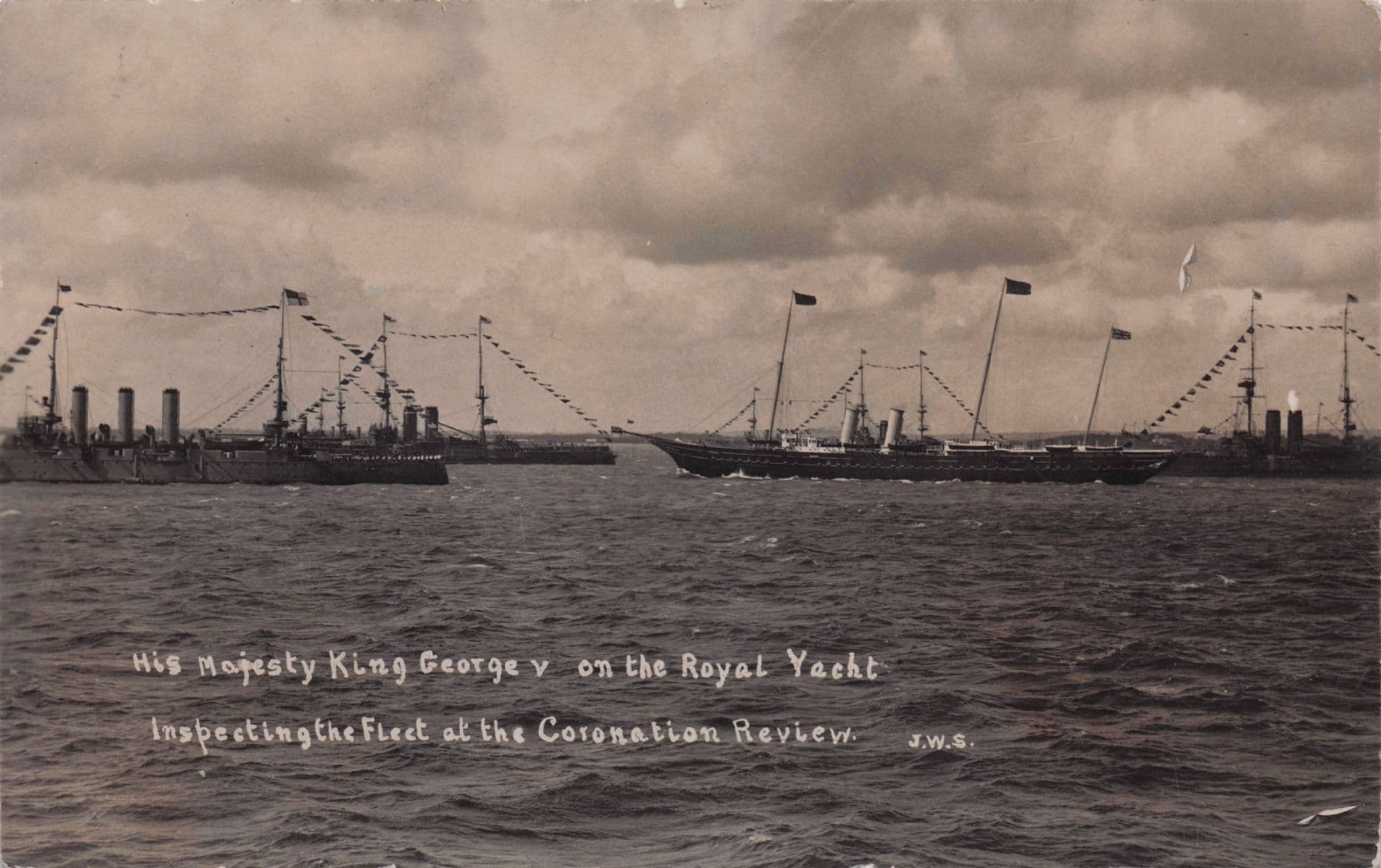 King George V On Royal Yacht Coronation Review Ship Inspection Old Postcard