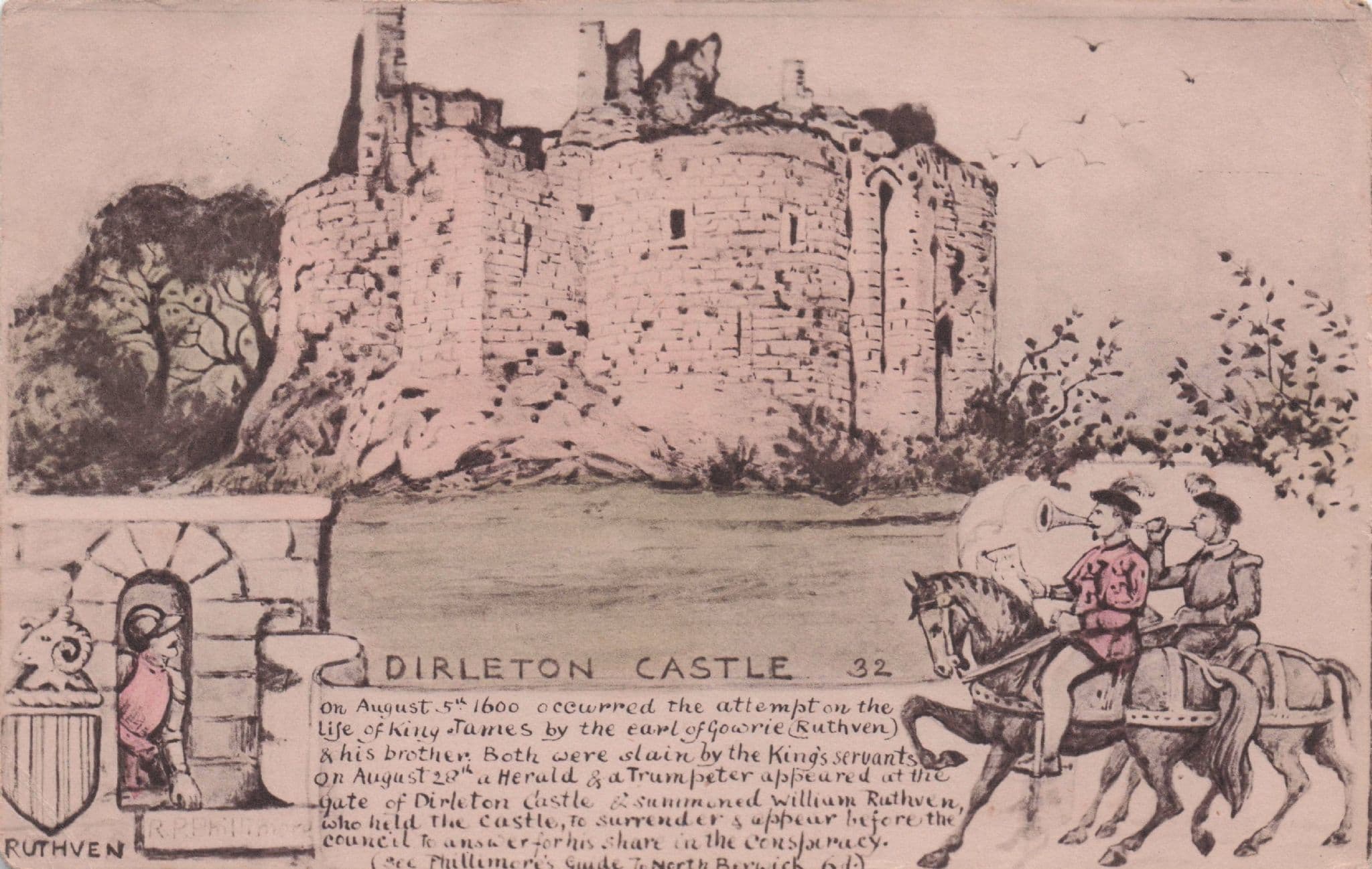 King James I Gowrie Conspiracy Dirleton Castle Rare Phillimore Antique Postcard