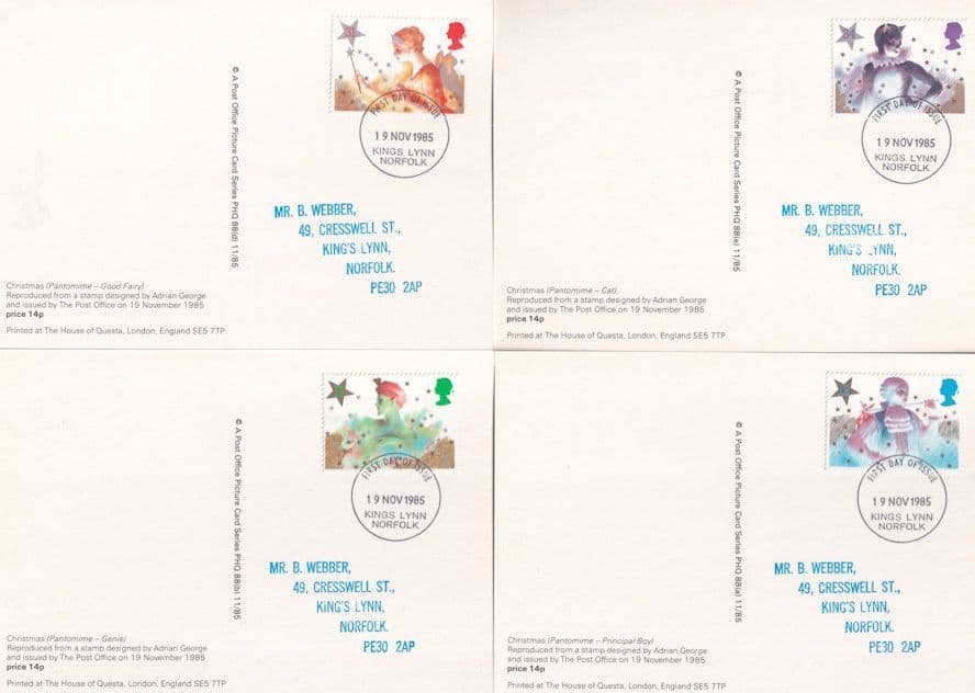 Kings Lynn 1985 FDC Christmas Genie Fairy Cats Postcard Set