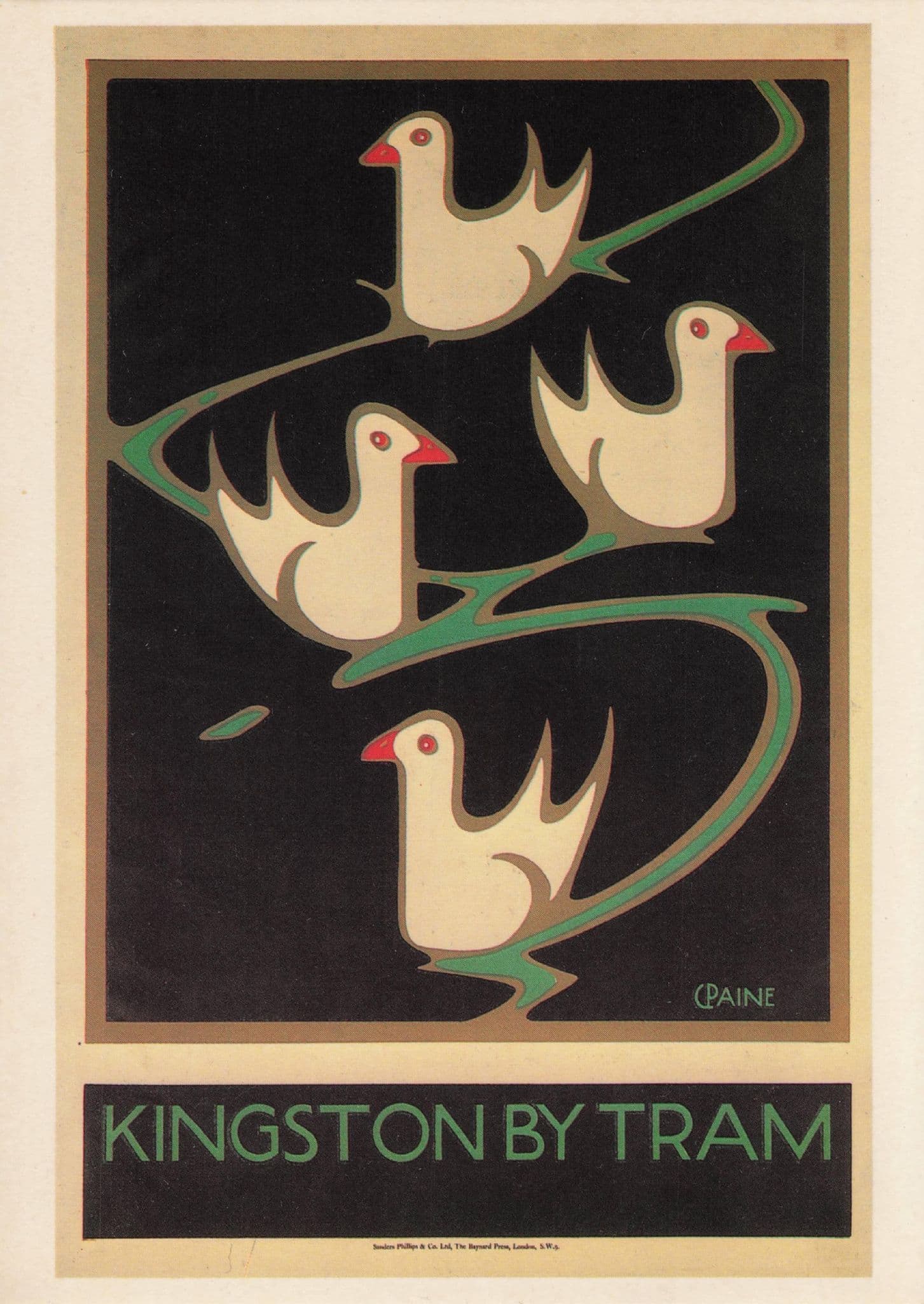 Kingston By Tram Birds Art Deco Vintage Poster Advertising Postcard