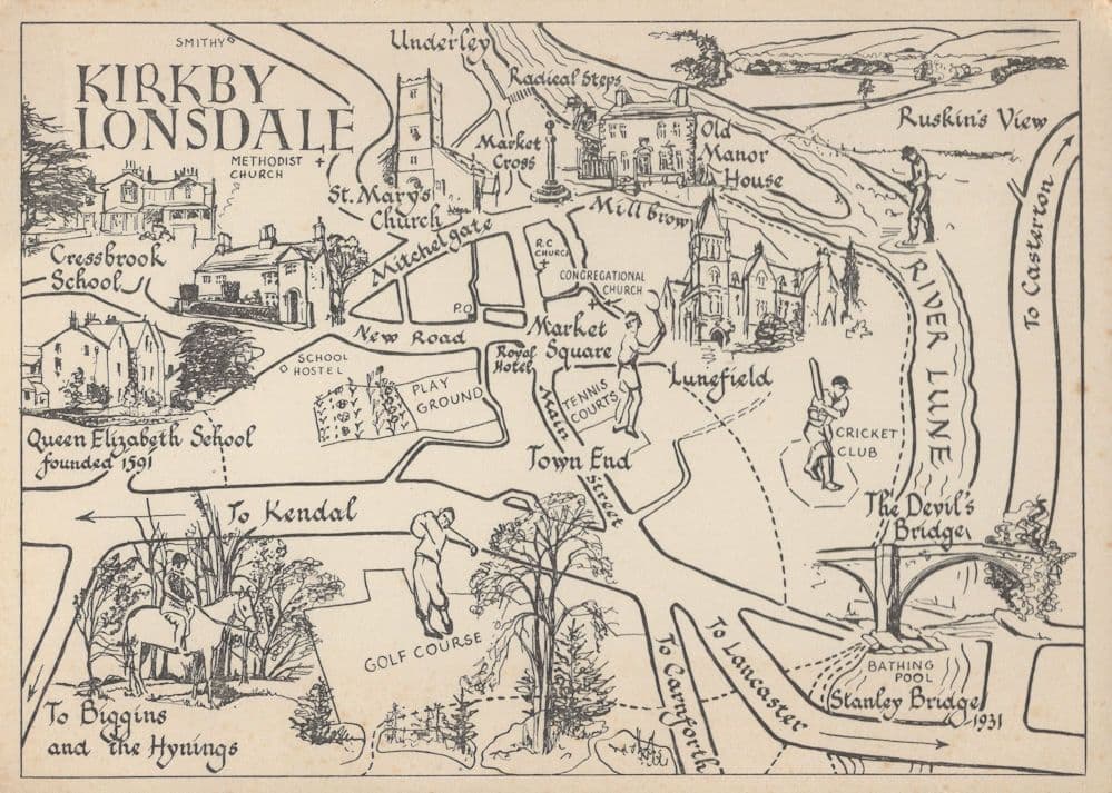 Kirby Lonsdale Vintage 1950s Yorkshire Map Postcard