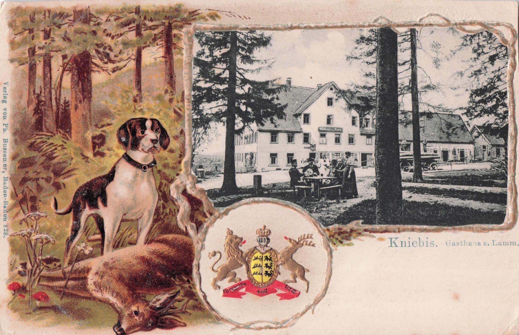 Kniebis Gasthaus Zum Lamm Wappen Hotel Dog Lithograph German Postcard